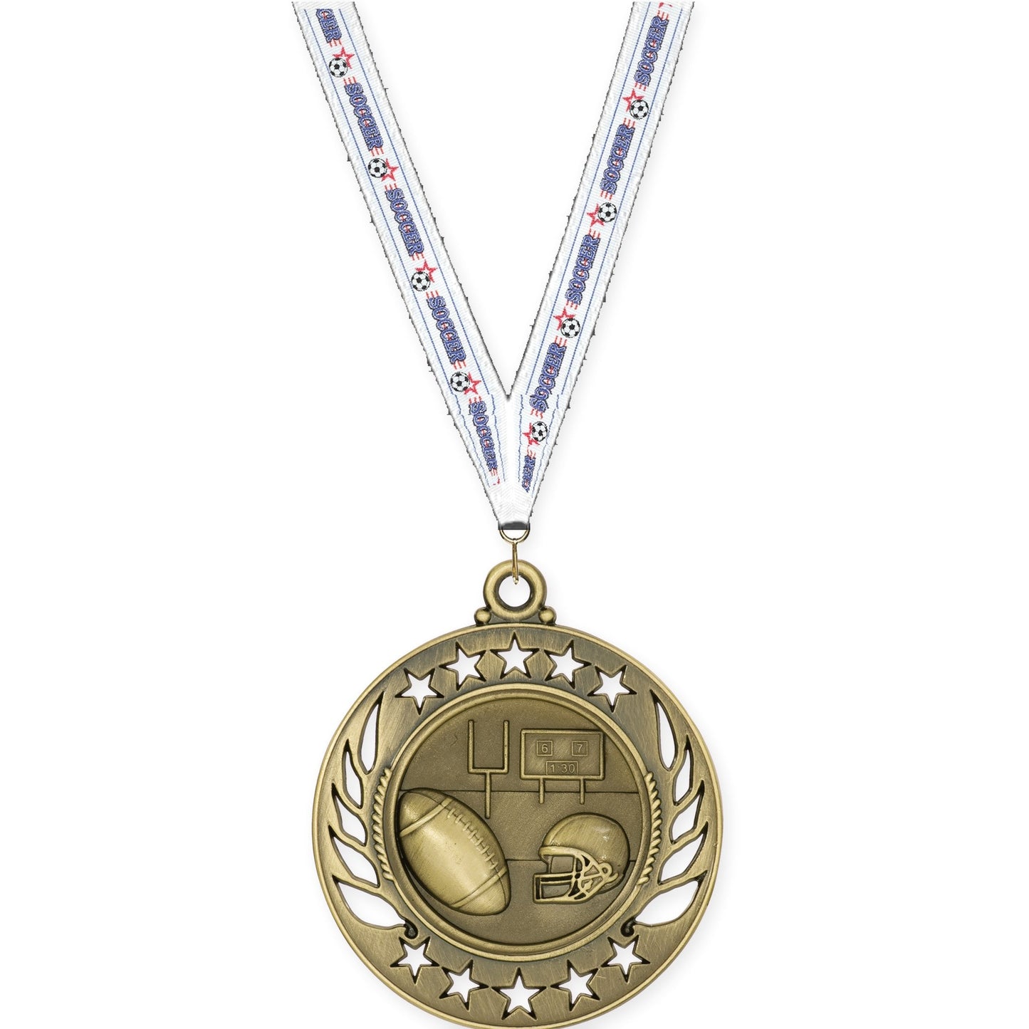 2 1/4 inch football Galaxy medal in bright gold with Soccer neck ribbon