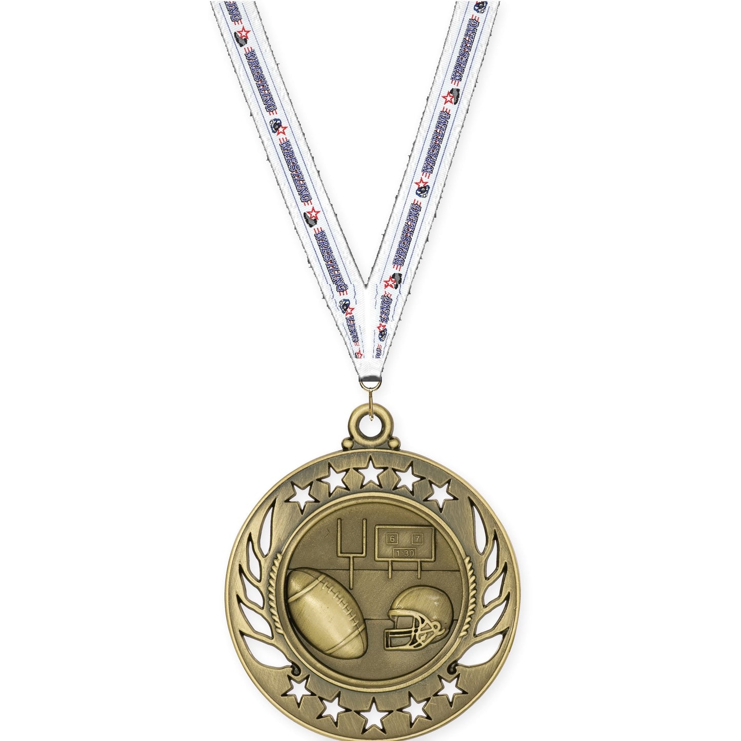2 1/4 inch football Galaxy medal in bright gold with Wrestling neck ribbon