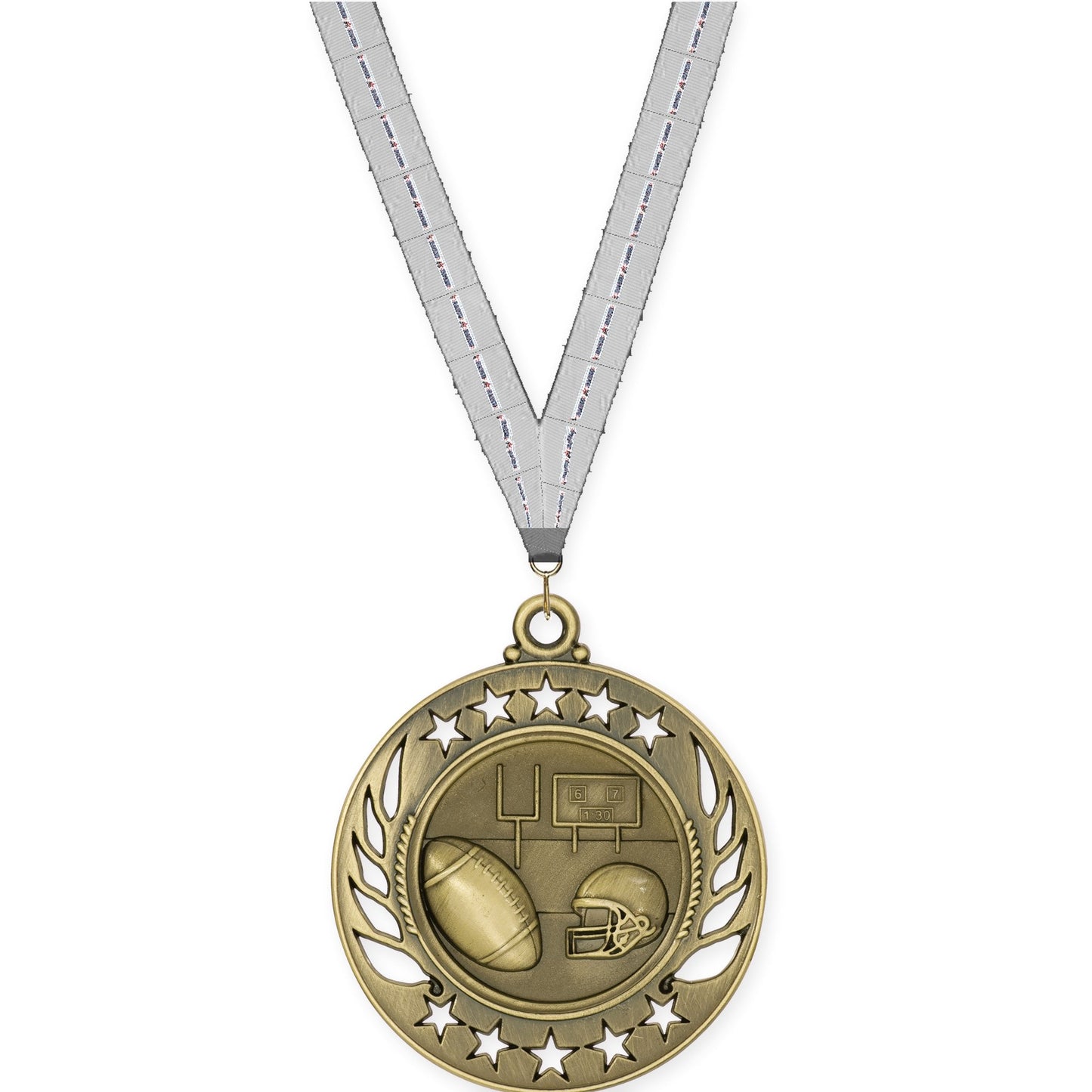 2 1/4 inch football Galaxy medal in bright gold with Auto Racing neck ribbon