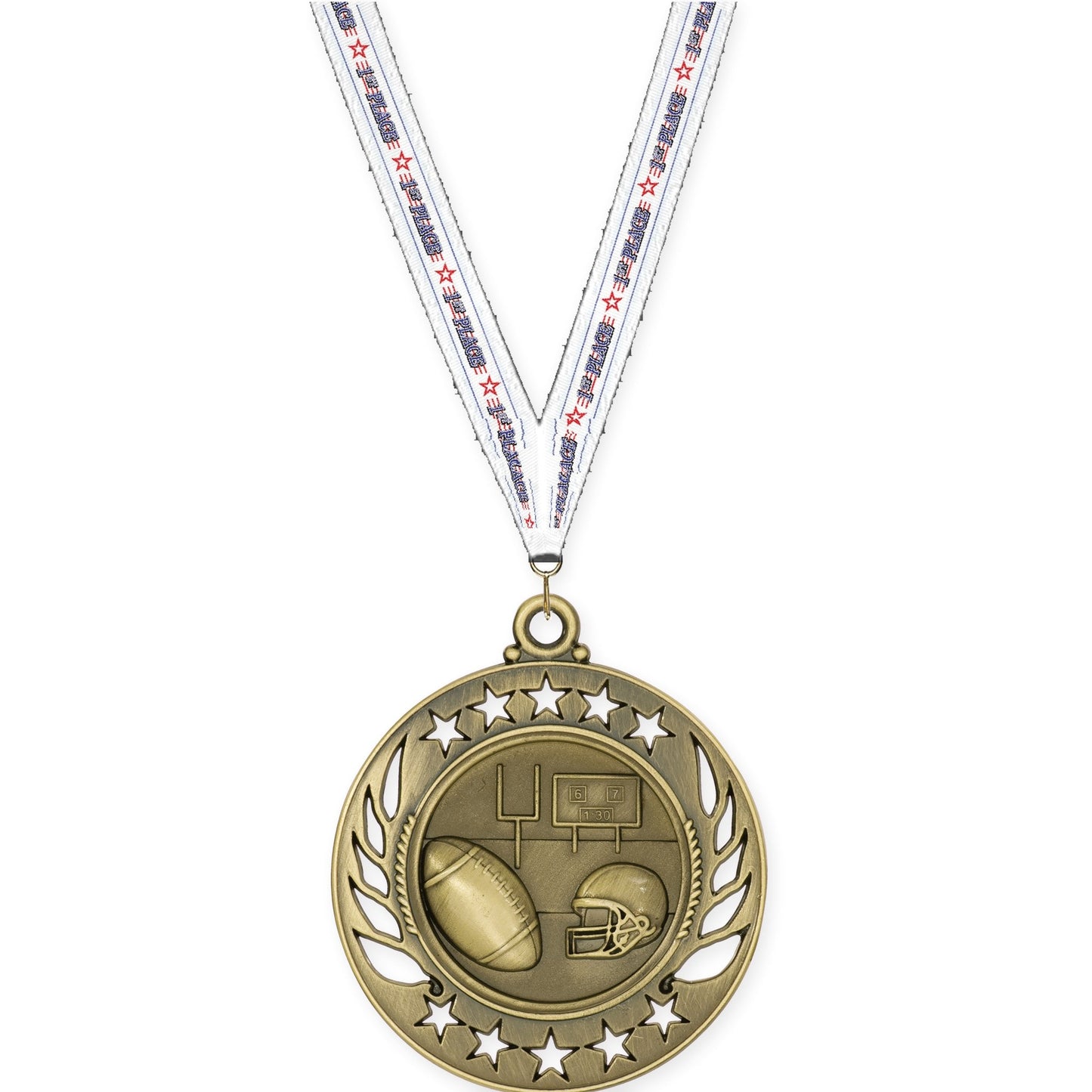 2 1/4 inch football Galaxy medal in bright gold with 1st Place neck ribbon