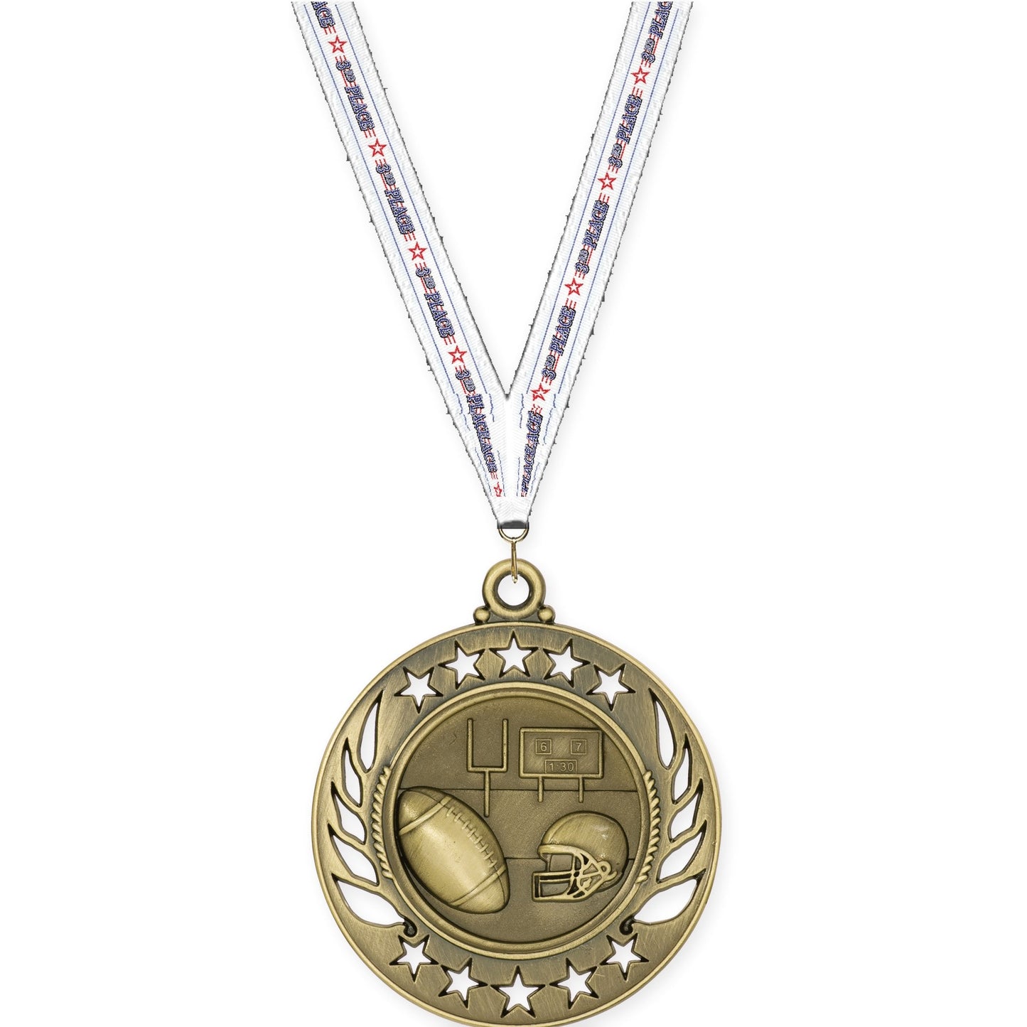 2 1/4 inch football Galaxy medal in bright gold with 3rd Place neck ribbon