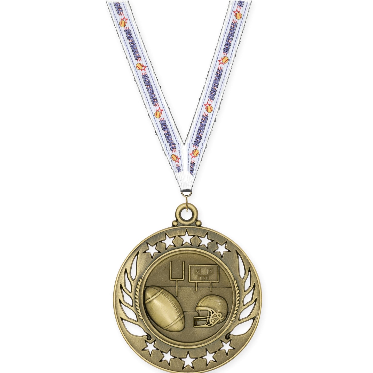 2 1/4 inch football Galaxy medal in bright gold with Softball neck ribbon