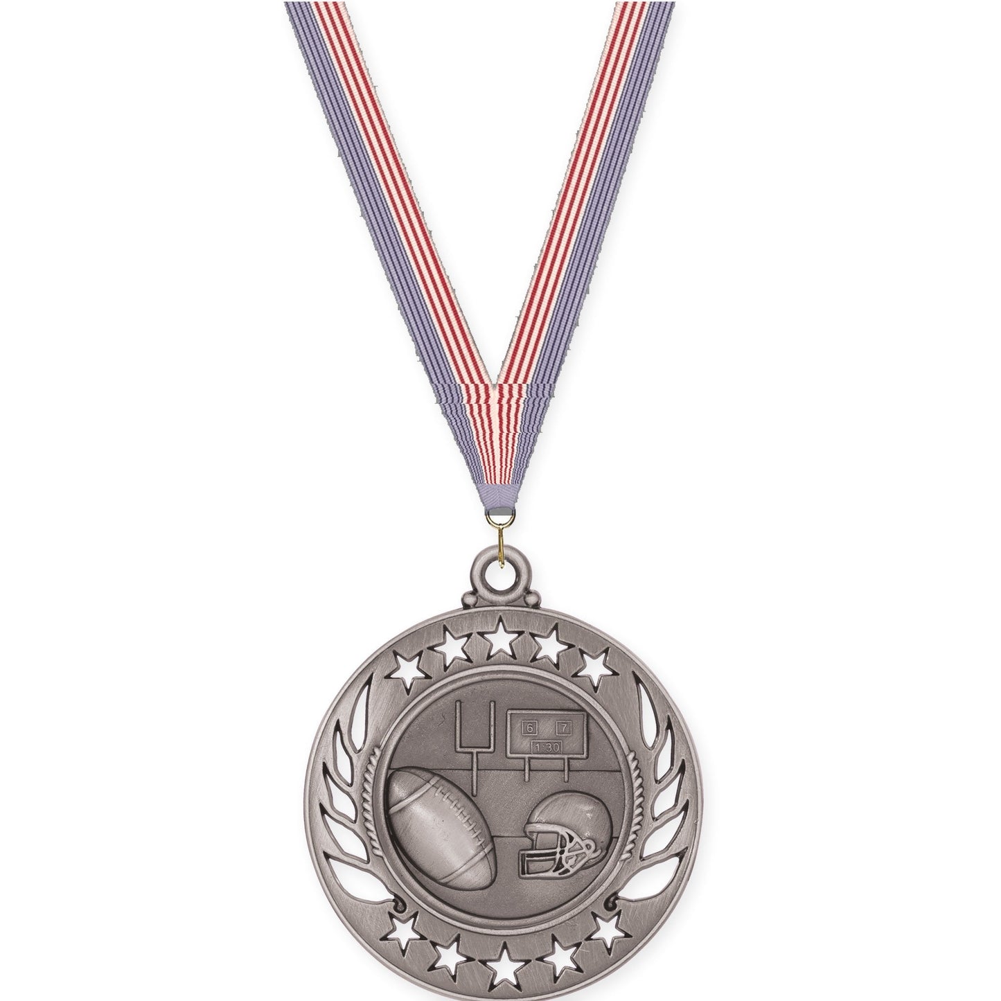 2 1/4 inch football Galaxy medal in bright silver with USA Flag neck ribbon