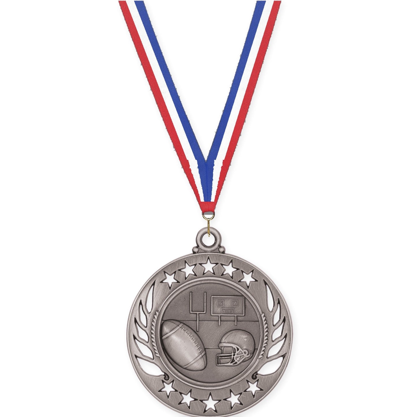 2 1/4 inch football Galaxy medal in bright silver with Red White Blue neck ribbon