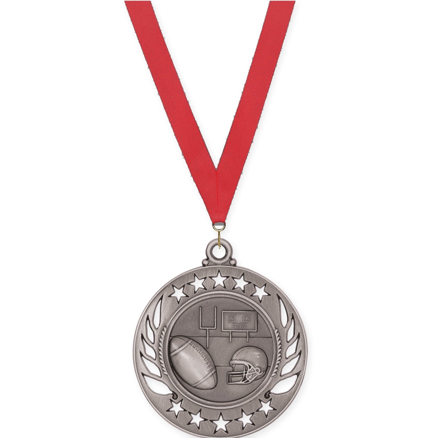 2 1/4 inch football Galaxy medal in bright silver with Red neck ribbon