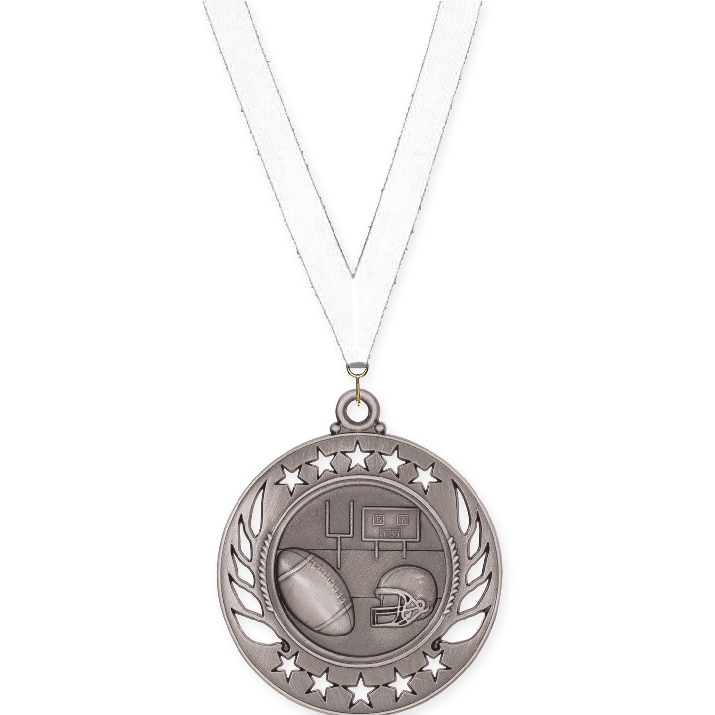 2 1/4 inch football Galaxy medal in bright silver with White neck ribbon