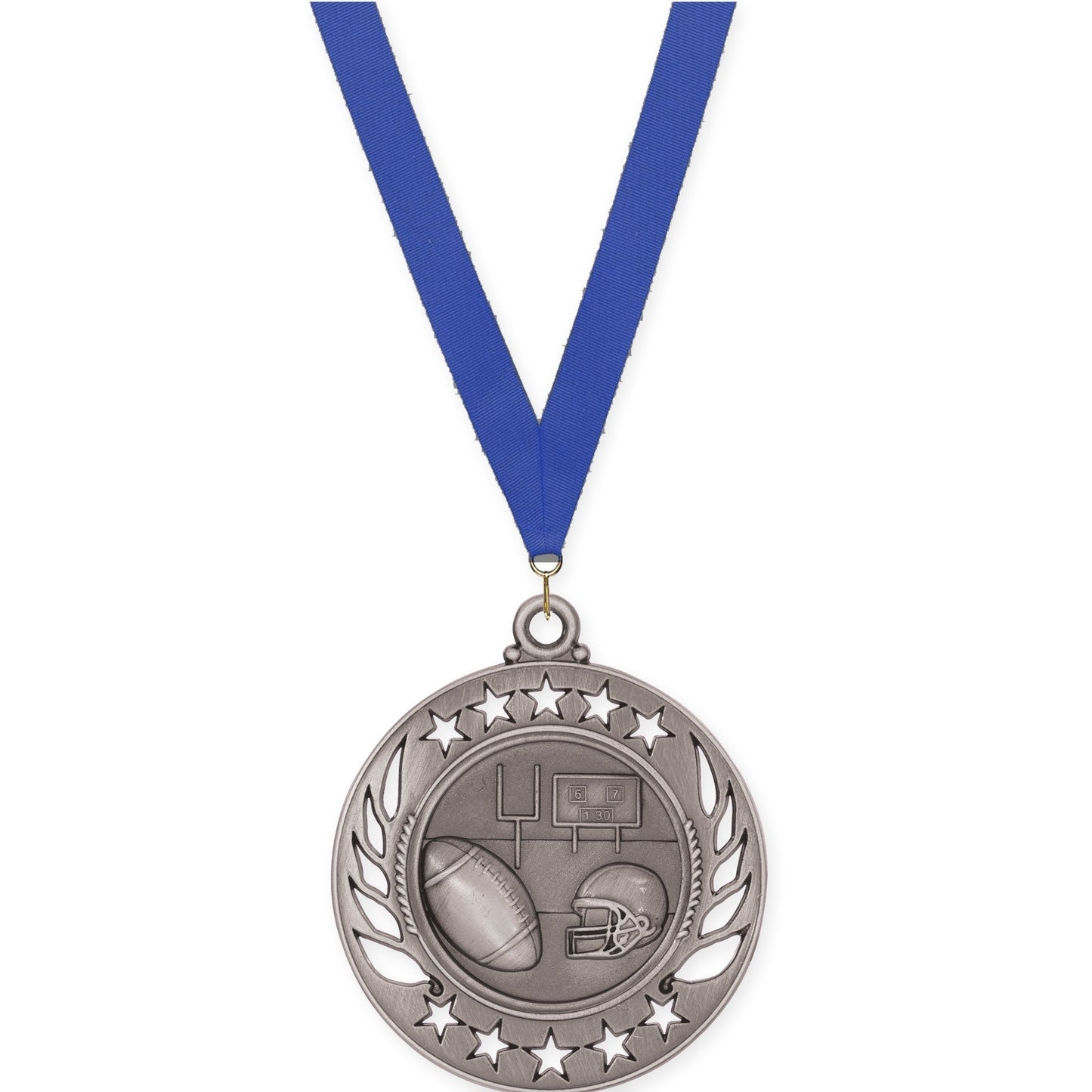 2 1/4 inch football Galaxy medal in bright silver with Blue neck ribbon