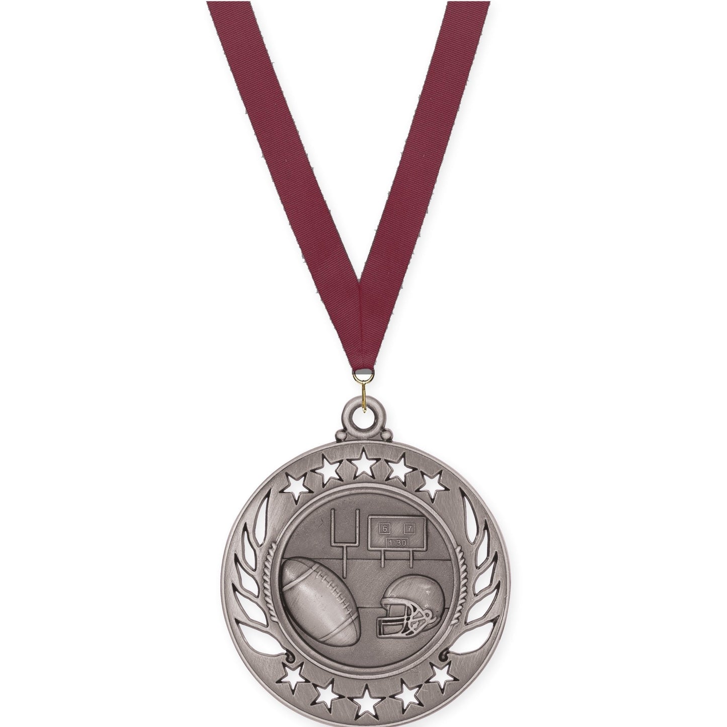 2 1/4 inch football Galaxy medal in bright silver with Maroon neck ribbon
