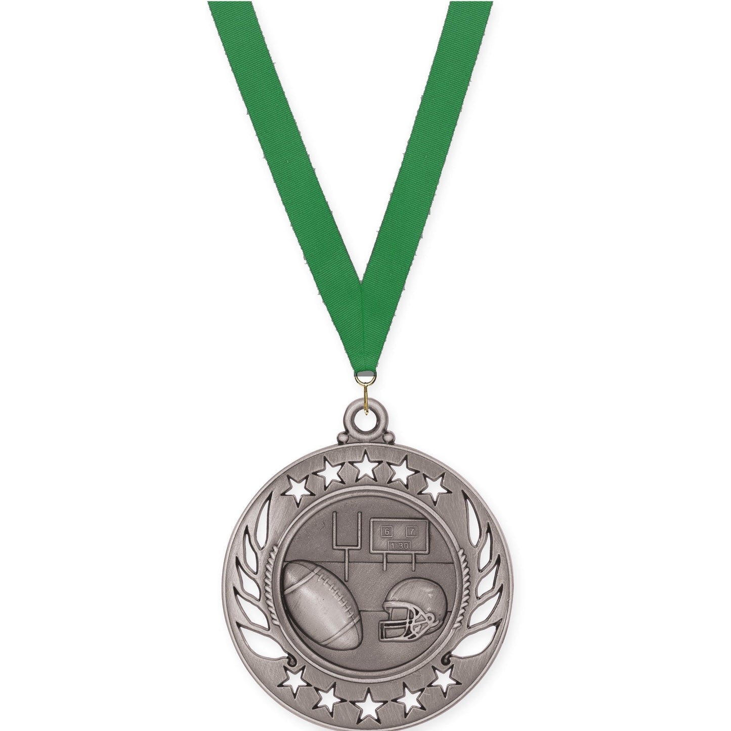 2 1/4 inch football Galaxy medal in bright silver with Green neck ribbon