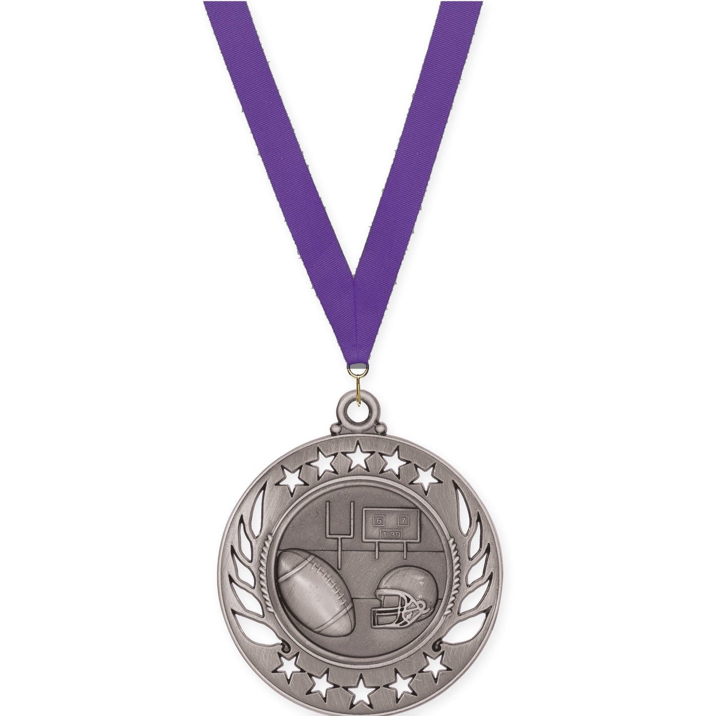 2 1/4 inch football Galaxy medal in bright silver with Purple neck ribbon
