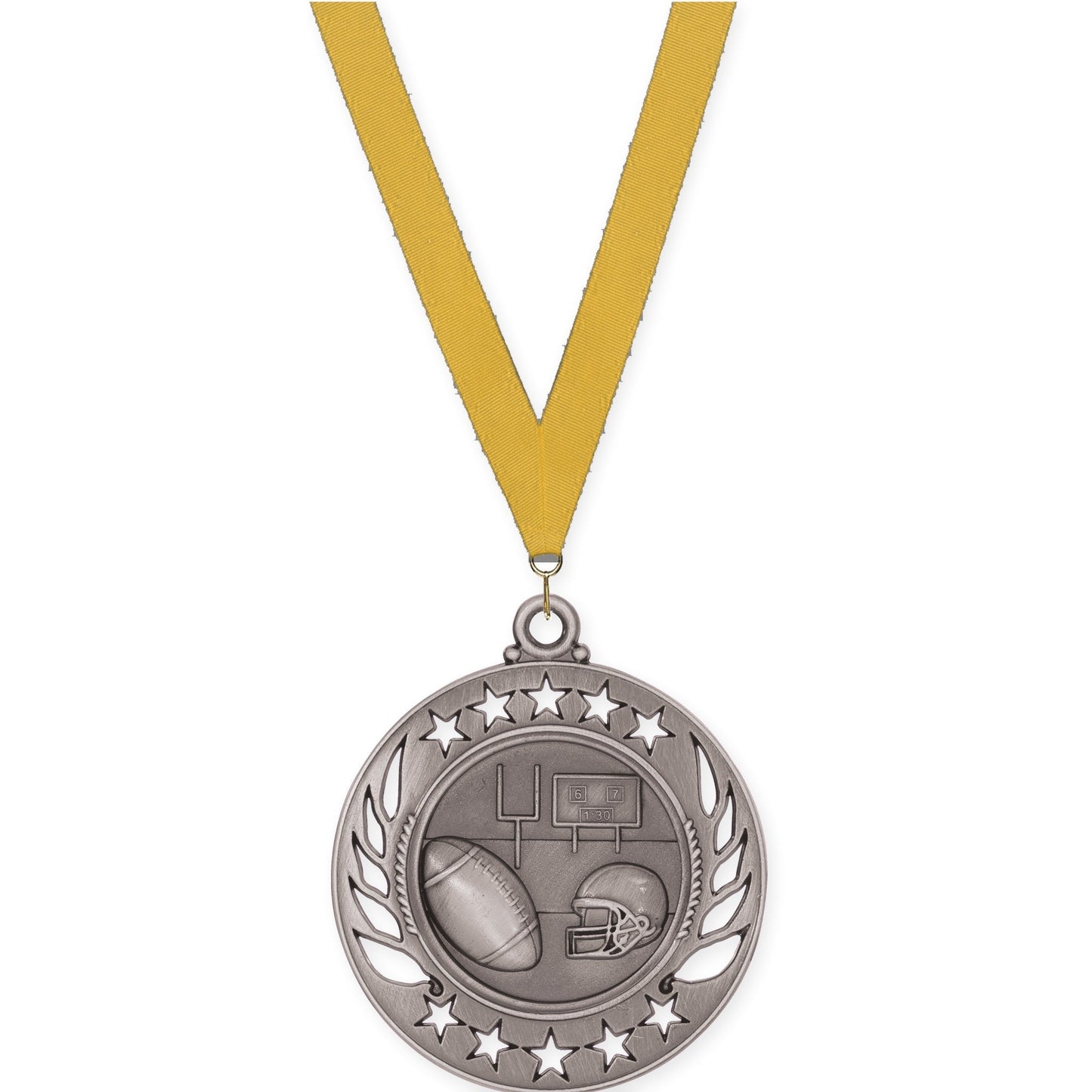2 1/4 inch football Galaxy medal in bright silver with Gold neck ribbon