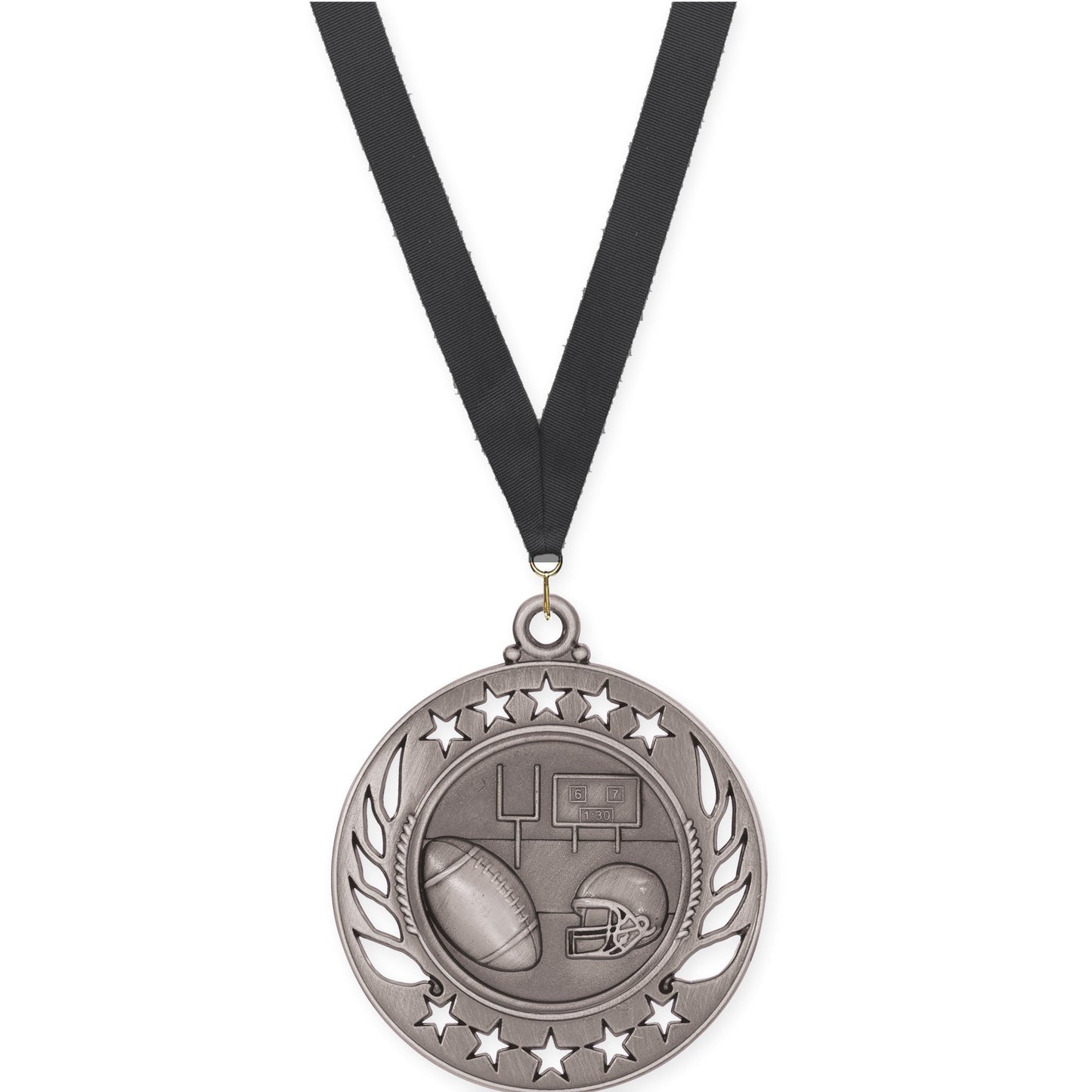 2 1/4 inch football Galaxy medal in bright silver with Black neck ribbon