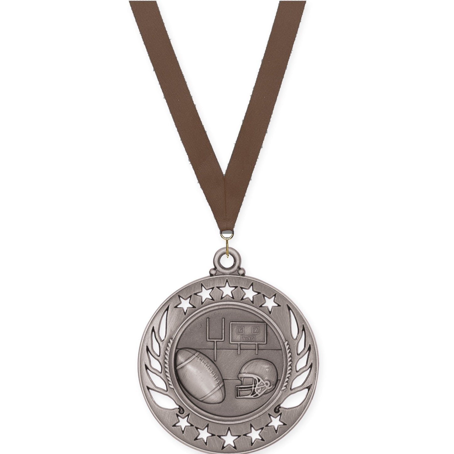 2 1/4 inch football Galaxy medal in bright silver with Brown neck ribbon