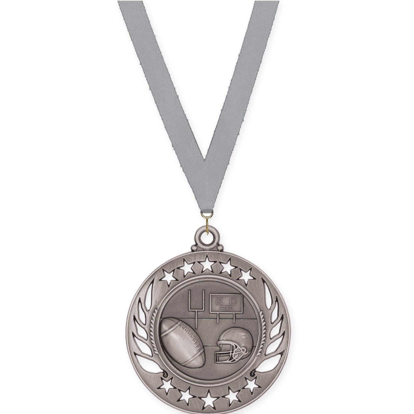 2 1/4 inch football Galaxy medal in bright silver with Gray neck ribbon