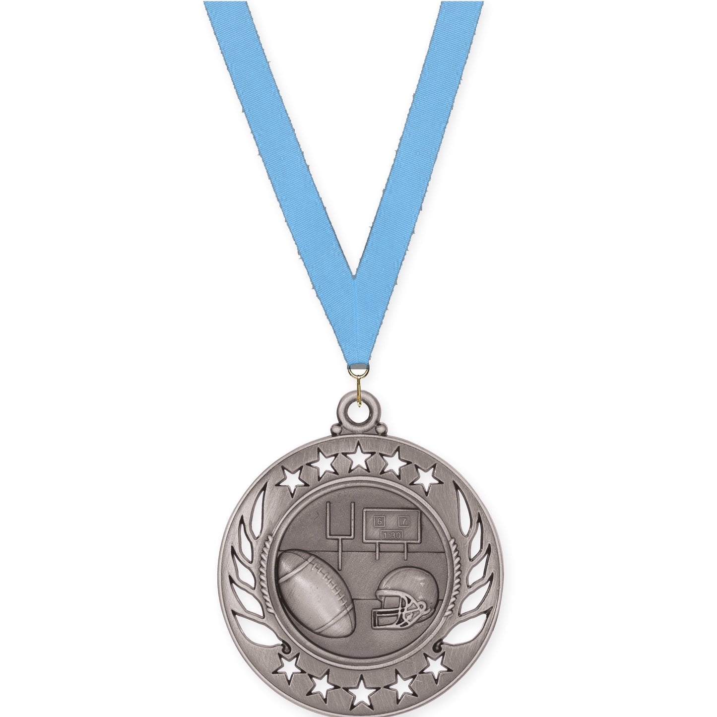 2 1/4 inch football Galaxy medal in bright silver with Light Blue neck ribbon