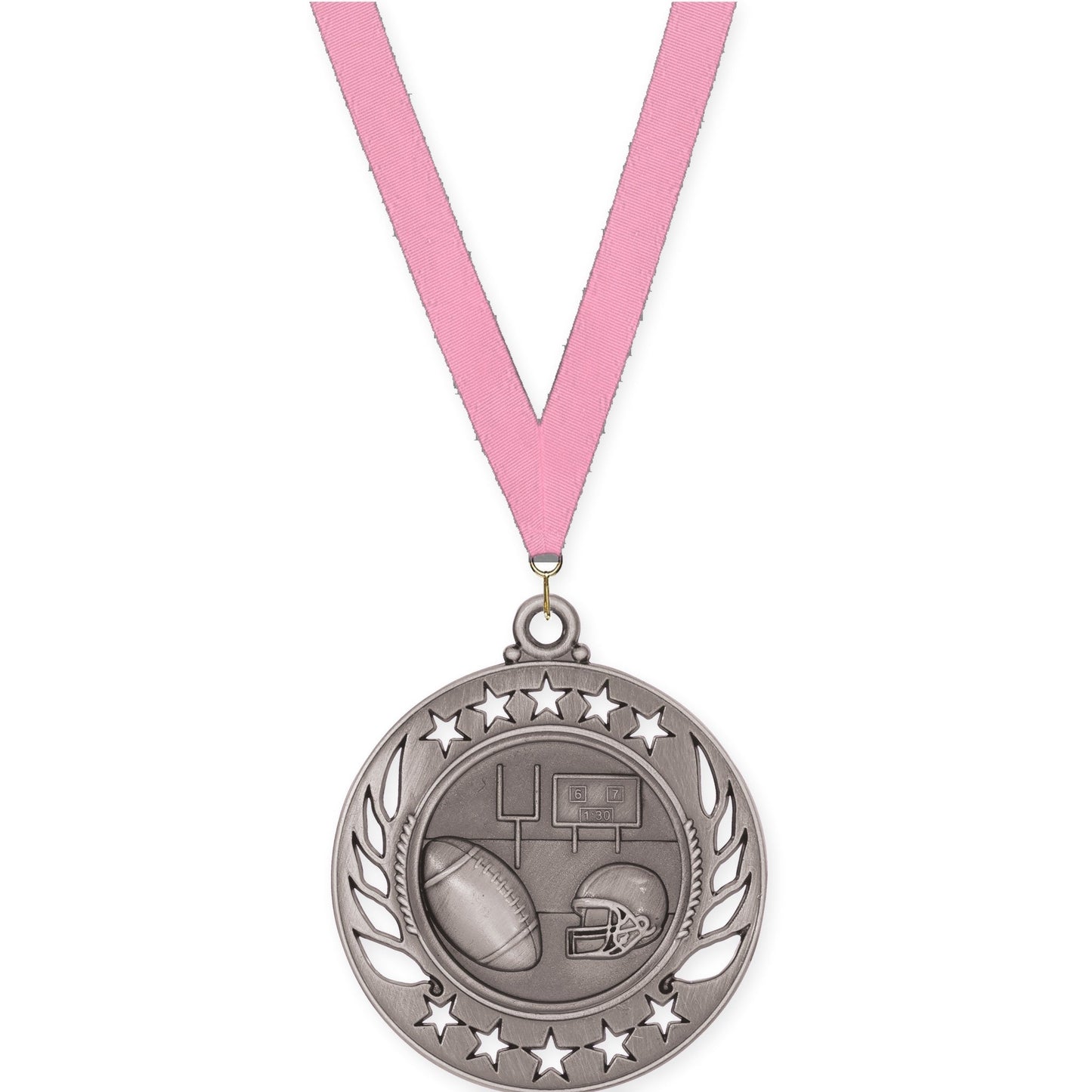 2 1/4 inch football Galaxy medal in bright silver with Pink neck ribbon