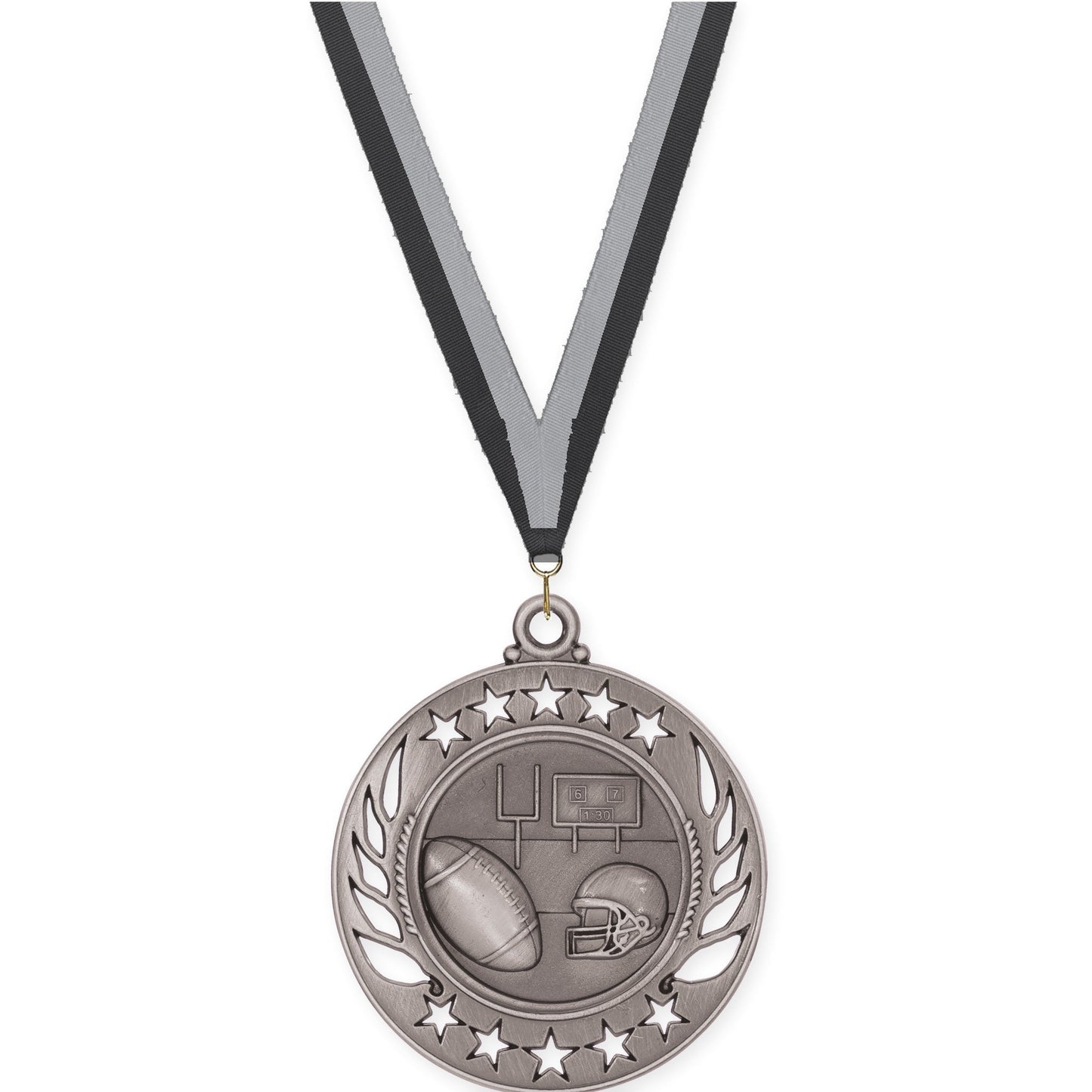 2 1/4 inch football Galaxy medal in bright silver with Black Gray neck ribbon