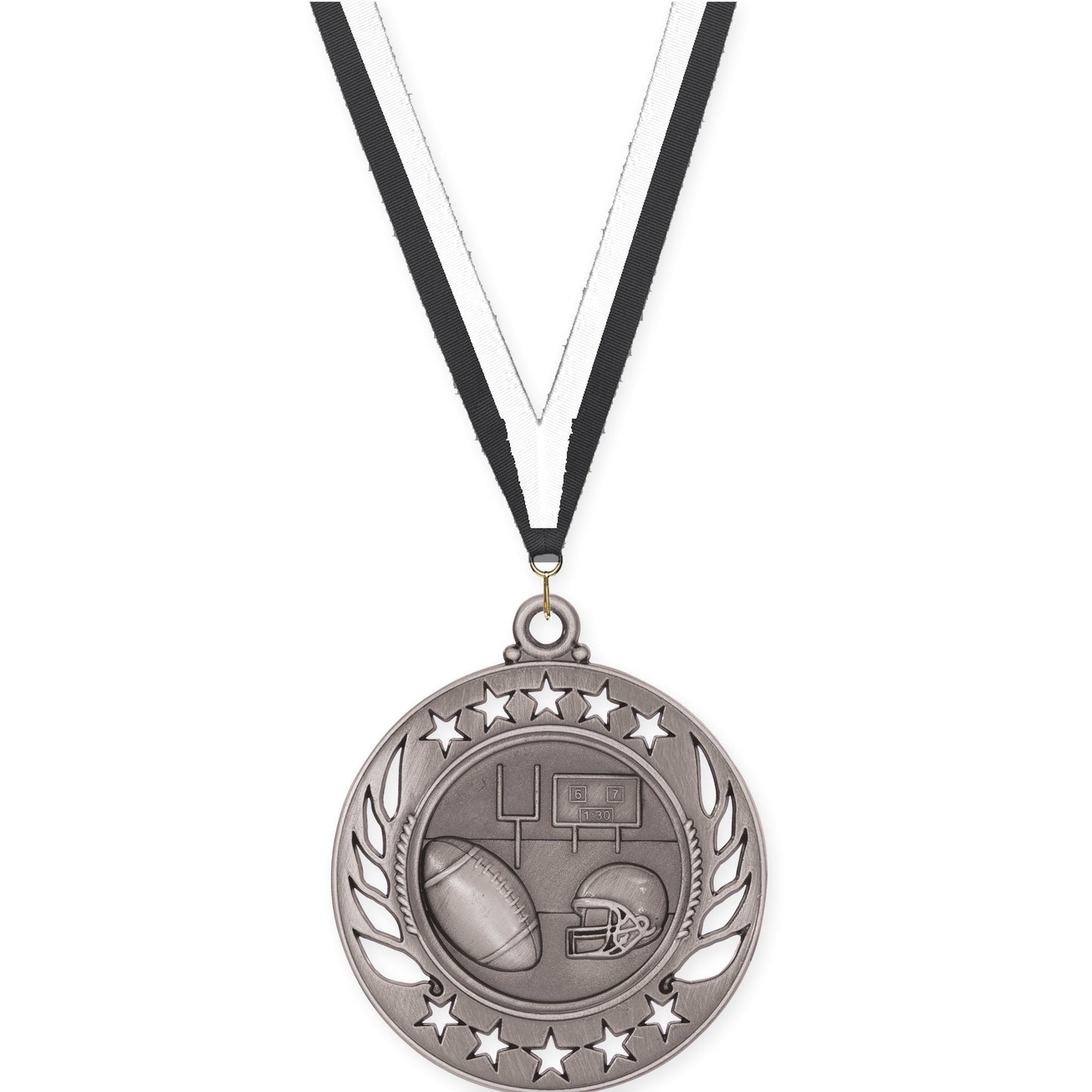 2 1/4 inch football Galaxy medal in bright silver with Black White neck ribbon