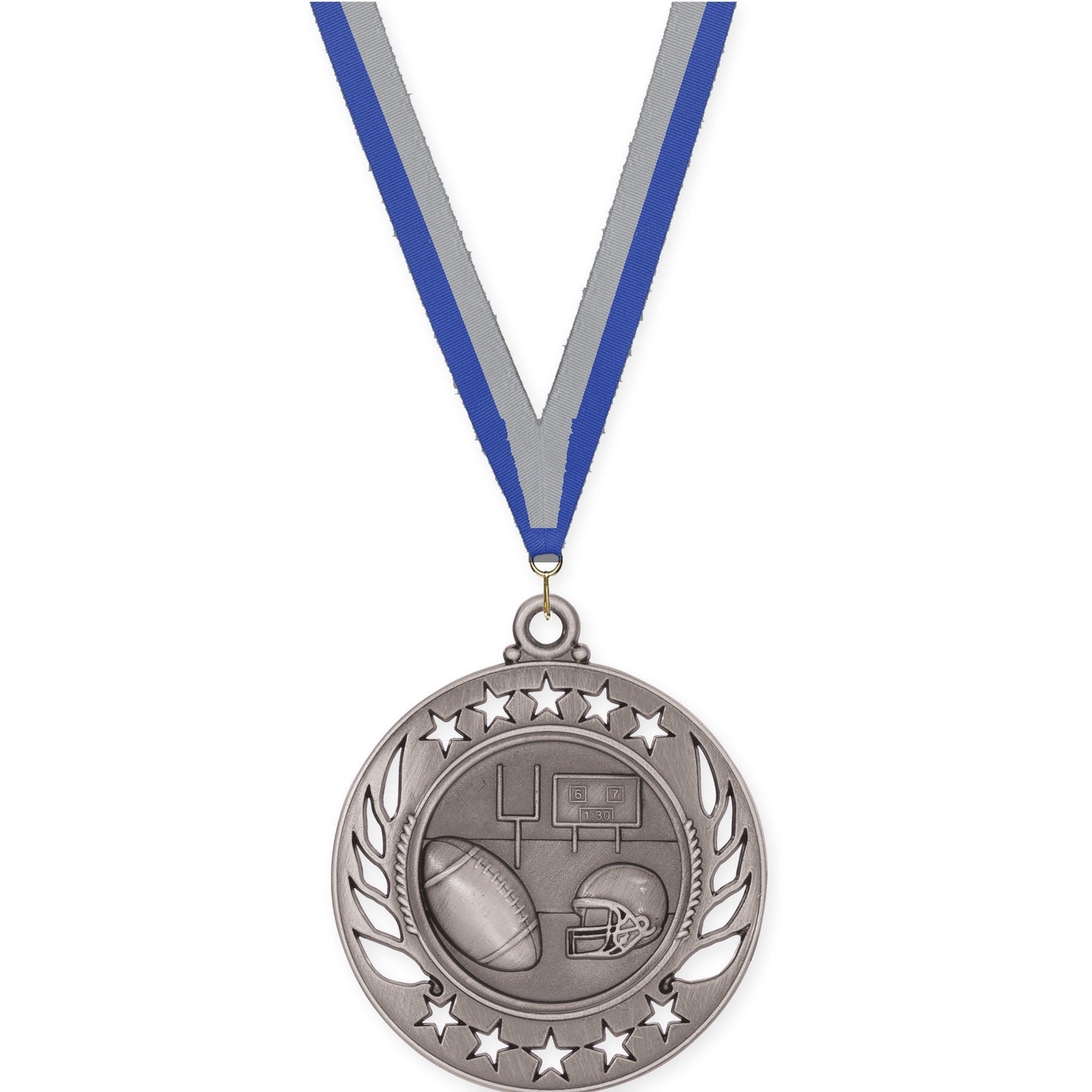 2 1/4 inch football Galaxy medal in bright silver with Blue Gray neck ribbon