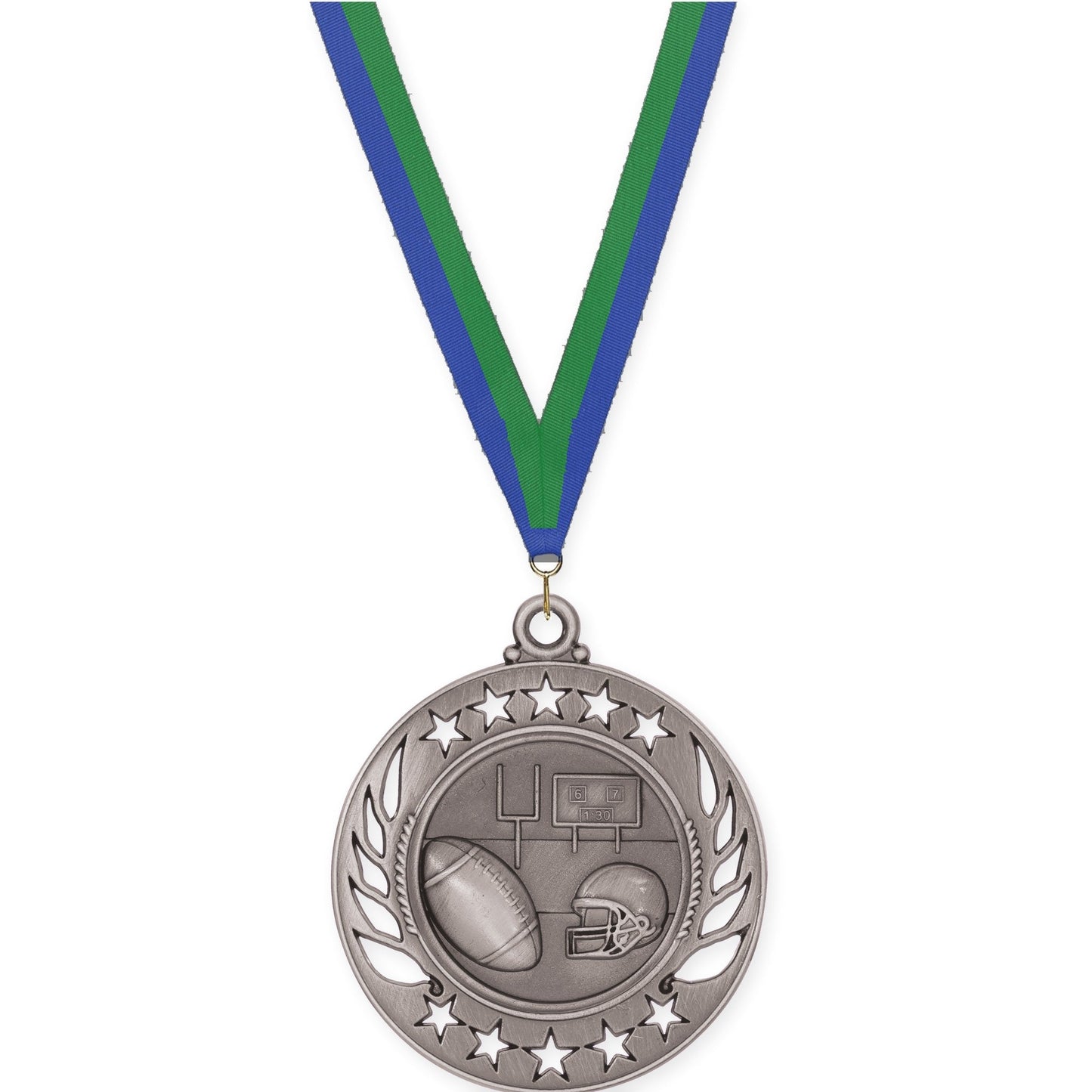 2 1/4 inch football Galaxy medal in bright silver with Blue Green neck ribbon