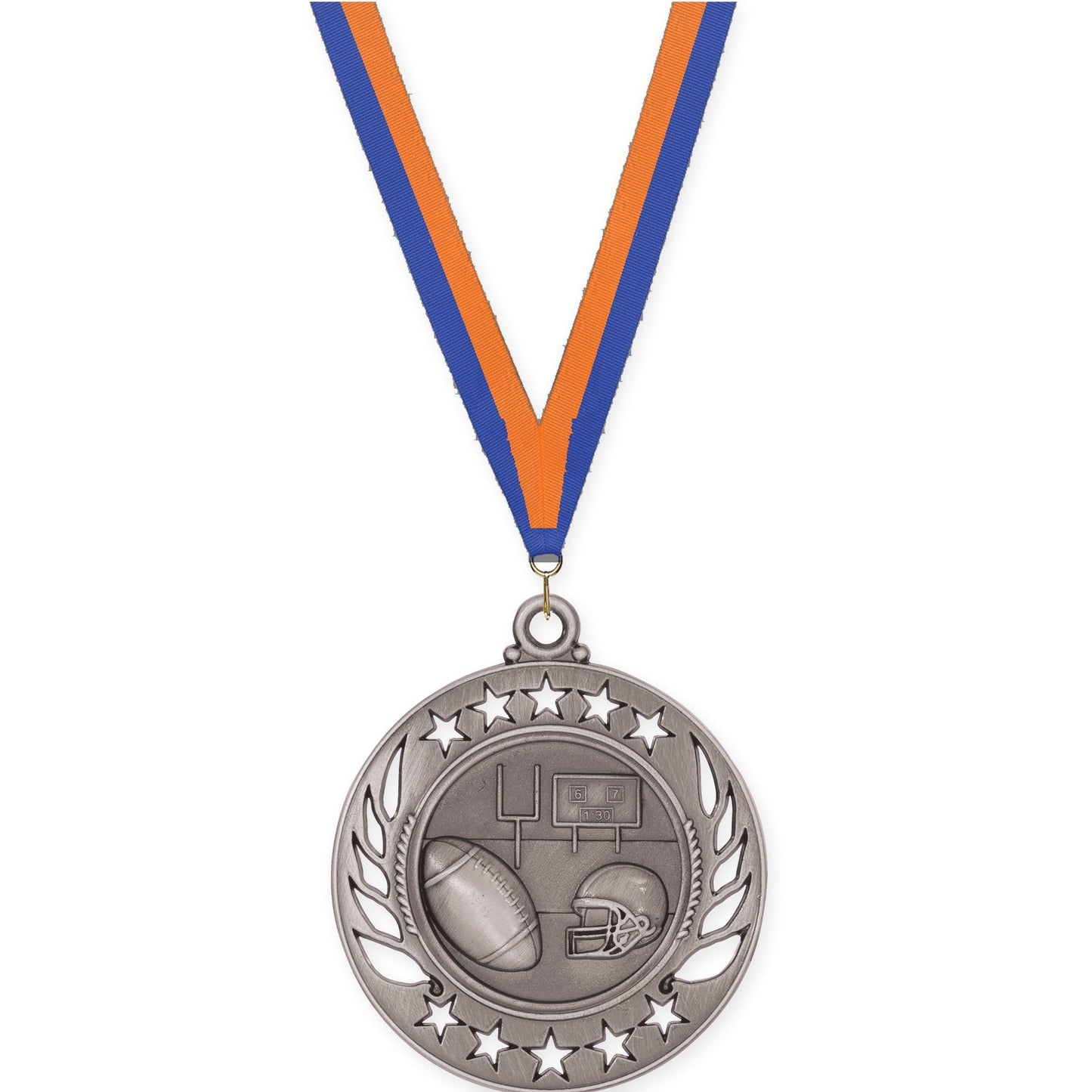 2 1/4 inch football Galaxy medal in bright silver with Blue Orange neck ribbon