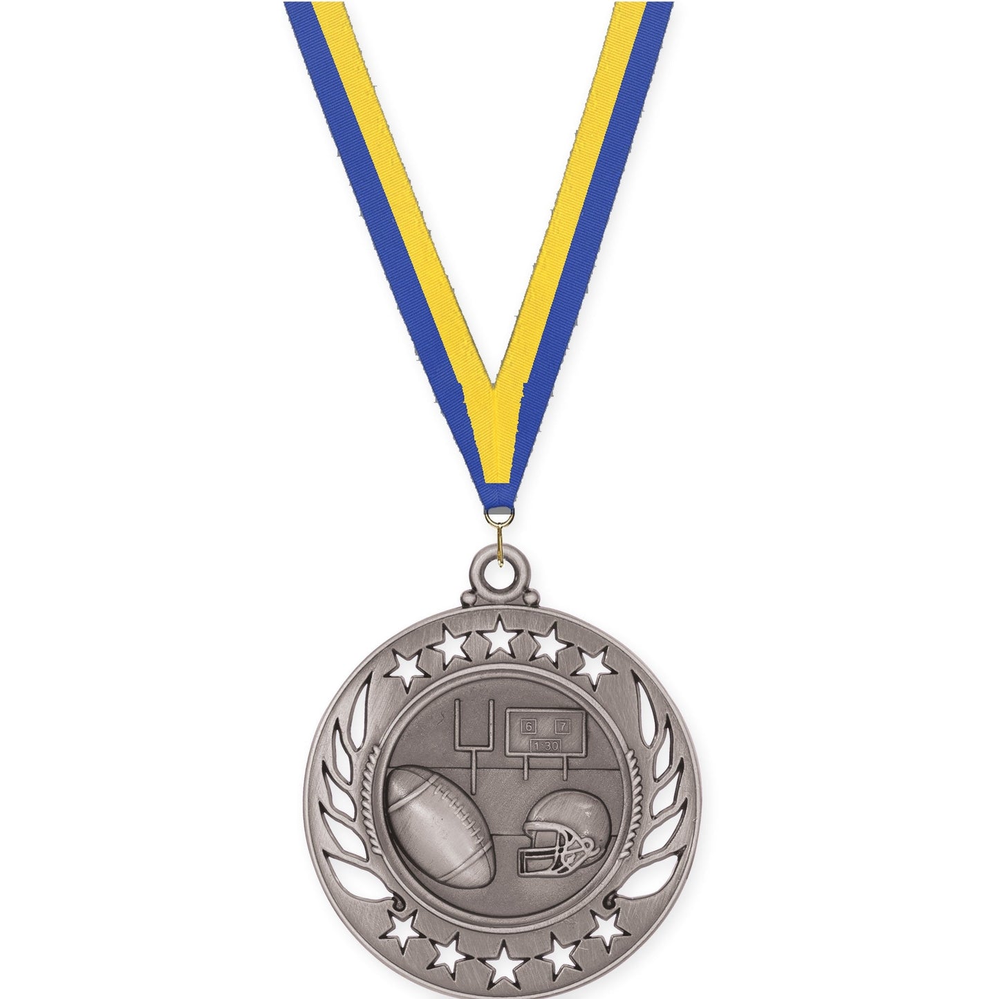 2 1/4 inch football Galaxy medal in bright silver with Blue Yellow neck ribbon