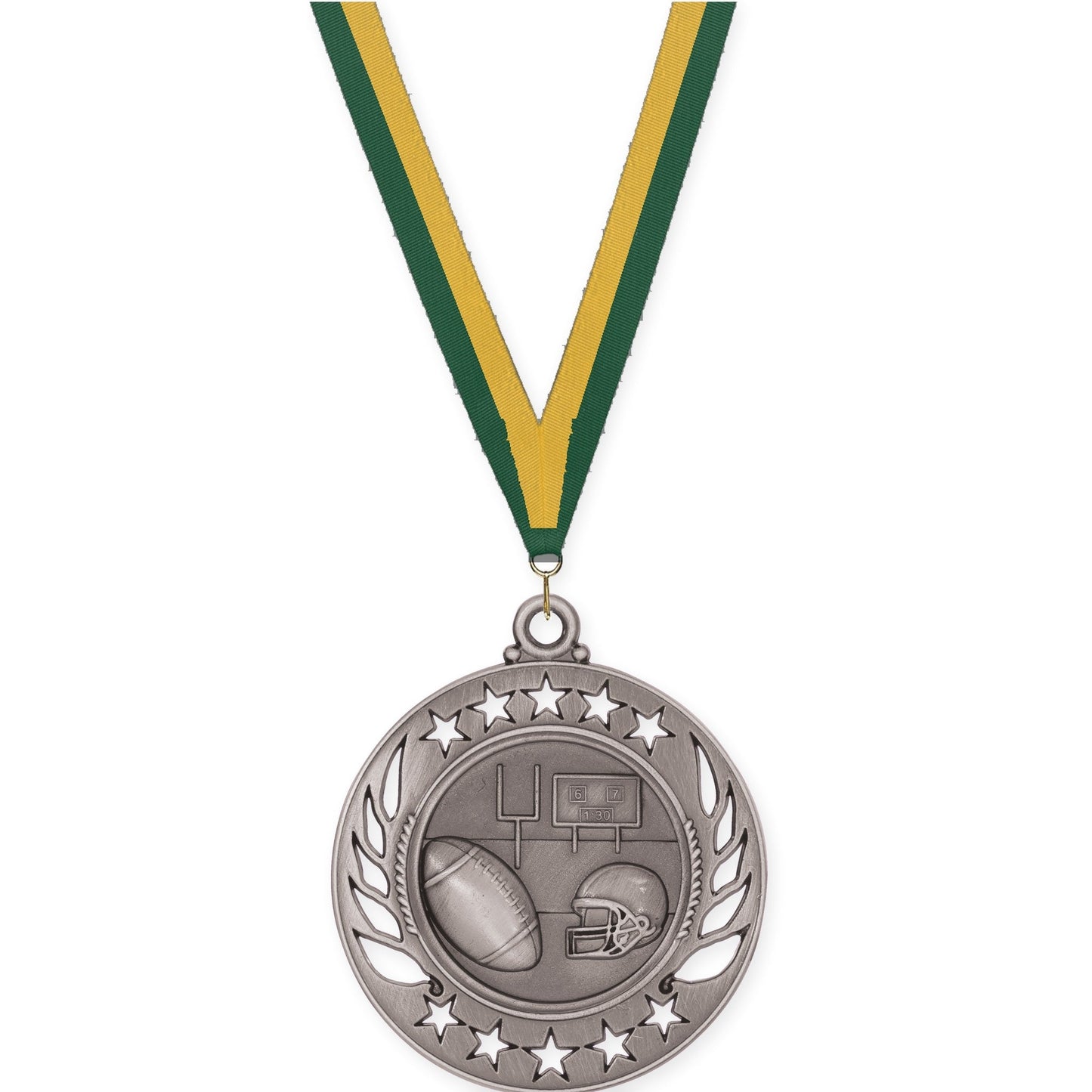2 1/4 inch football Galaxy medal in bright silver with Hunter Green Gold neck ribbon