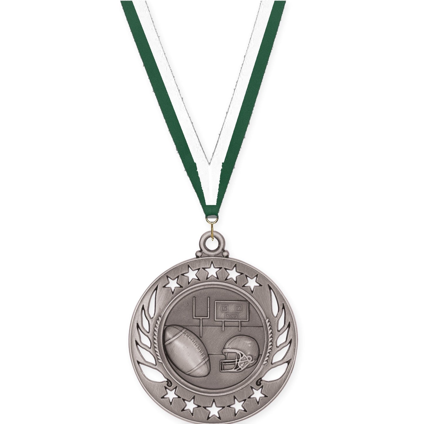 2 1/4 inch football Galaxy medal in bright silver with Hunter Green White neck ribbon