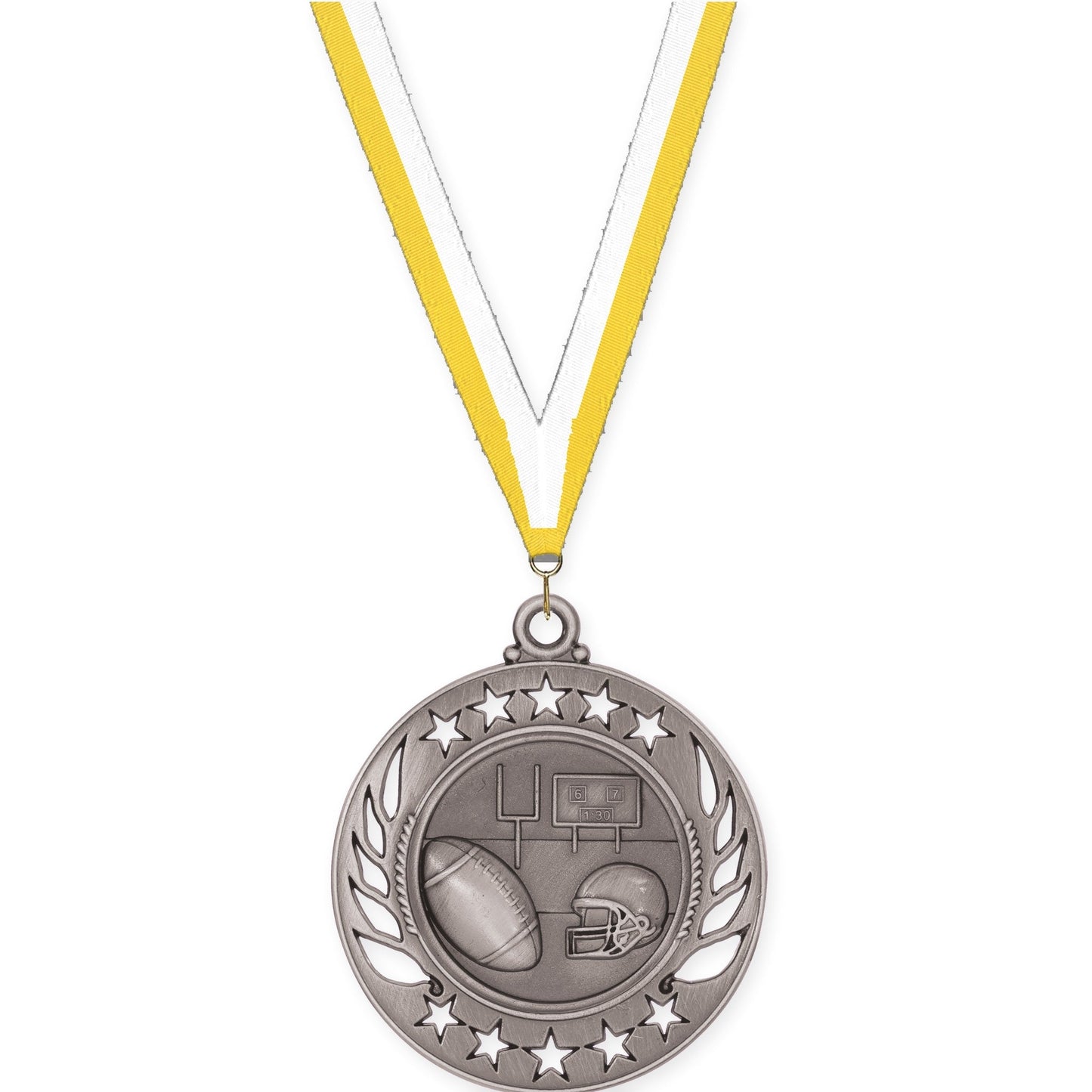 2 1/4 inch football Galaxy medal in bright silver with Yellow White neck ribbon