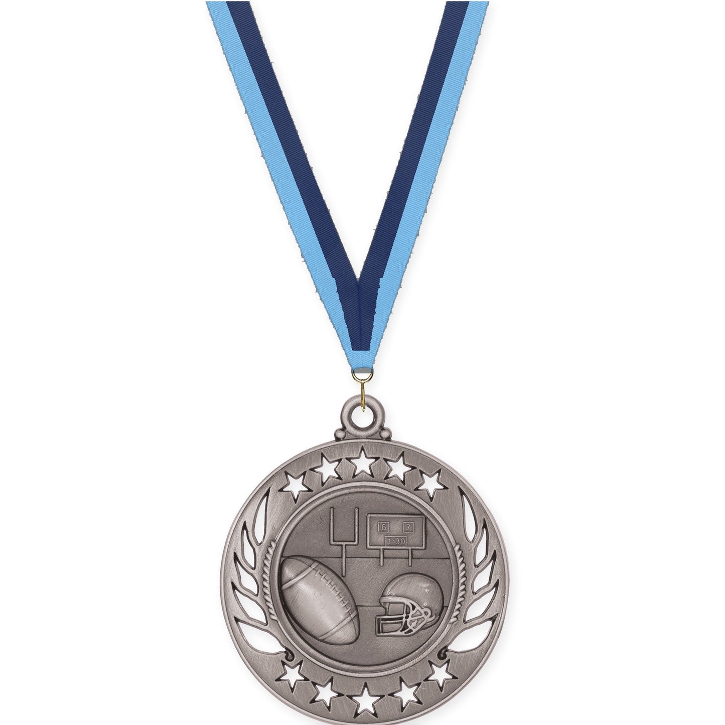 2 1/4 inch football Galaxy medal in bright silver with Light Blue Navy neck ribbon