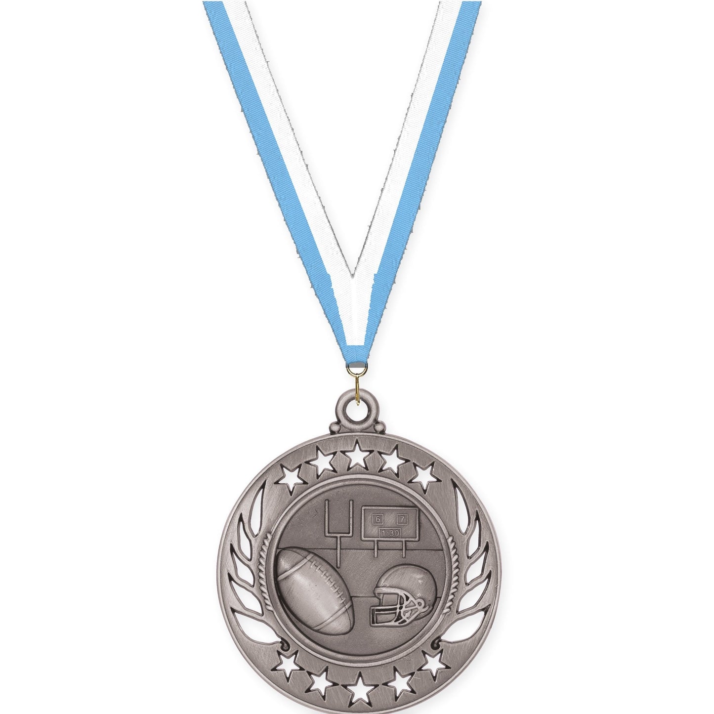 2 1/4 inch football Galaxy medal in bright silver with Light Blue White neck ribbon