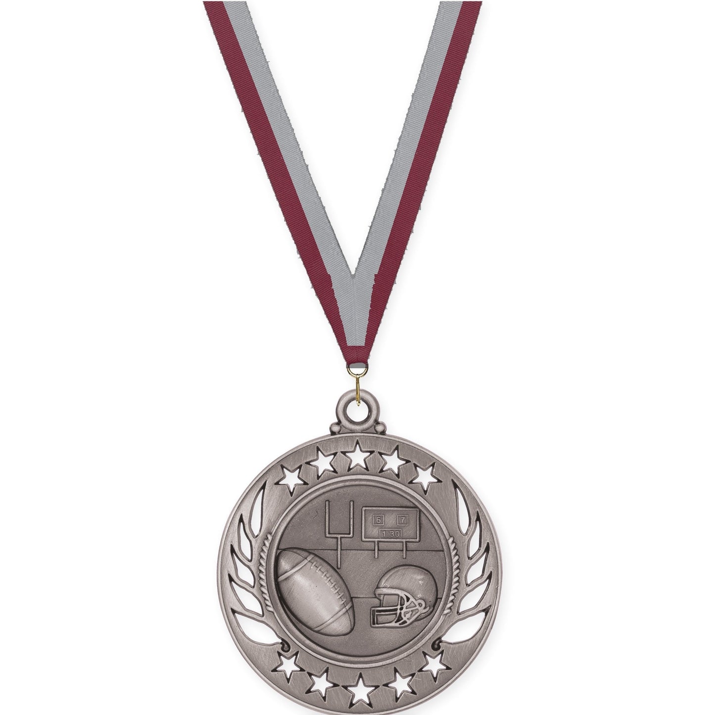 2 1/4 inch football Galaxy medal in bright silver with Maroon Gray neck ribbon
