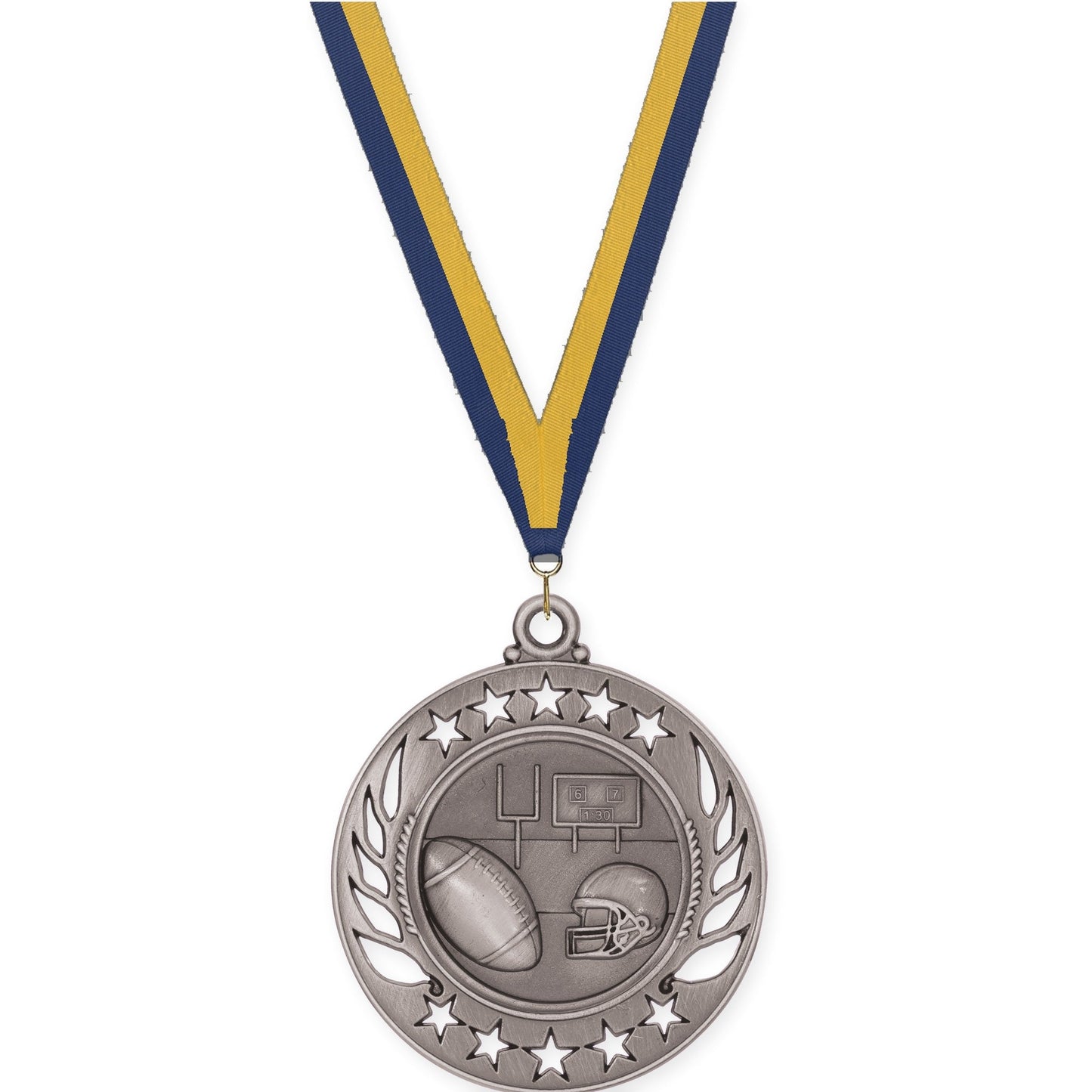 2 1/4 inch football Galaxy medal in bright silver with Navy Gold neck ribbon