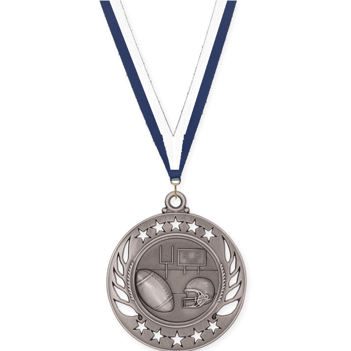 2 1/4 inch football Galaxy medal in bright silver with Navy White neck ribbon