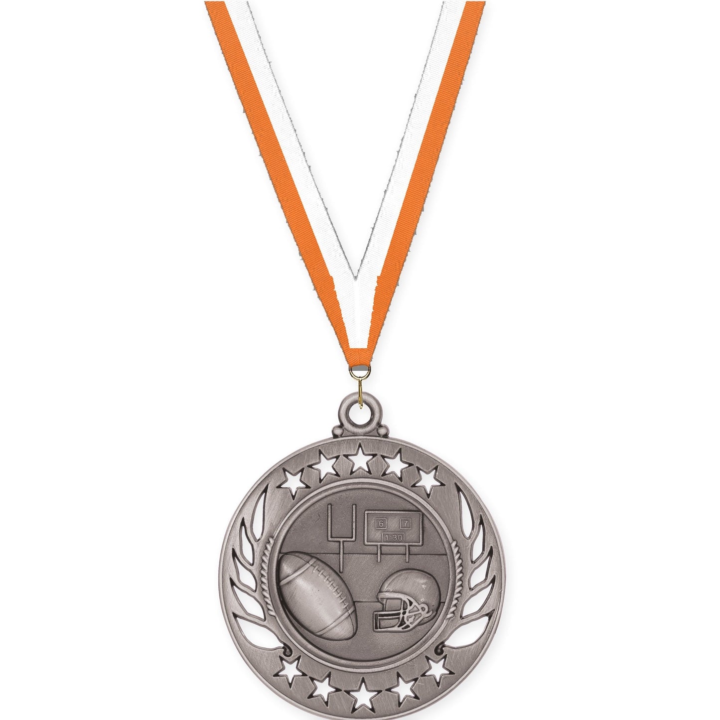 2 1/4 inch football Galaxy medal in bright silver with Orange White neck ribbon