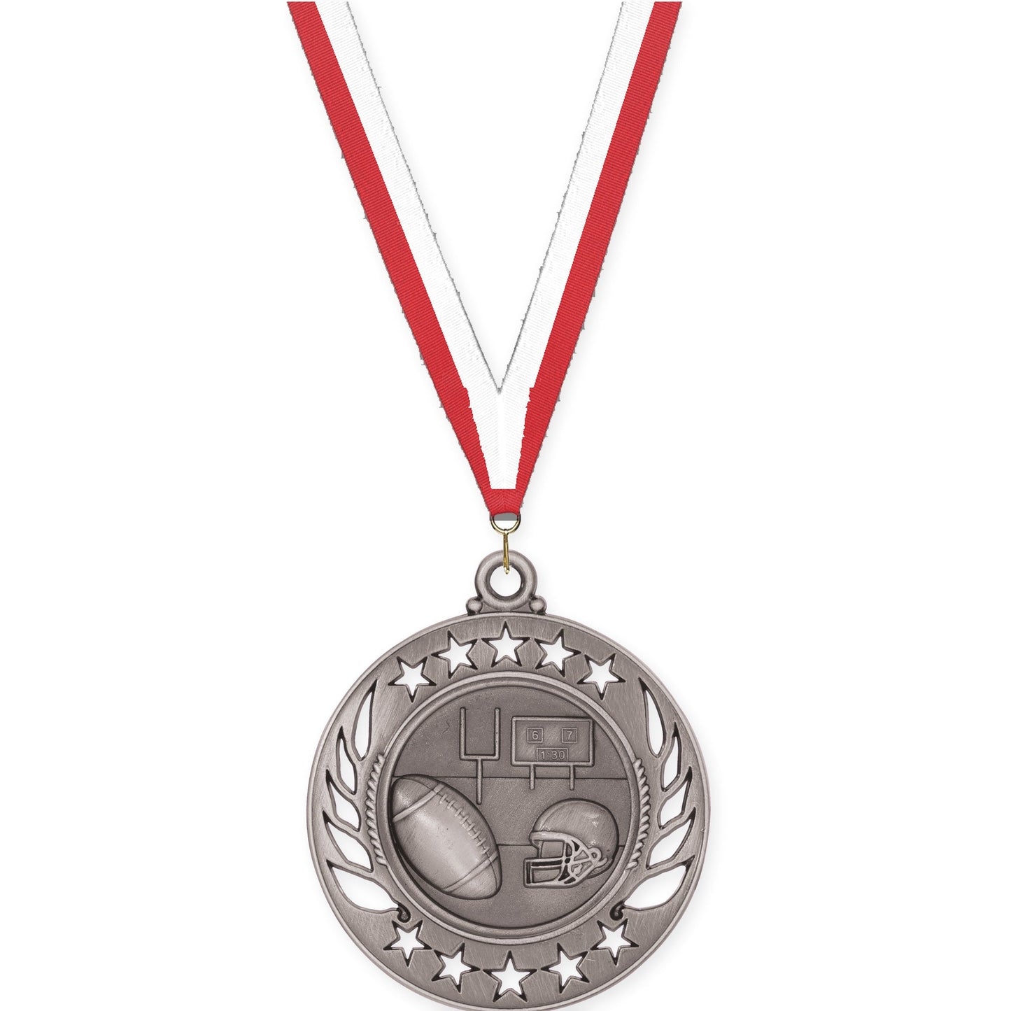 2 1/4 inch football Galaxy medal in bright silver with Red White neck ribbon