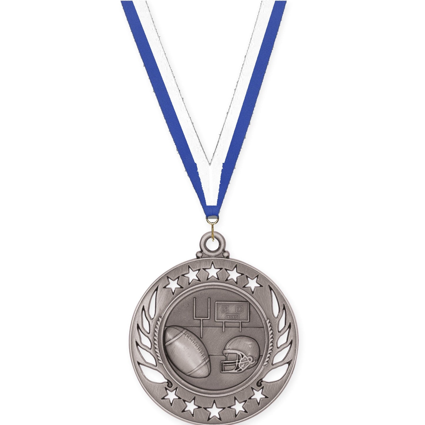 2 1/4 inch football Galaxy medal in bright silver with Blue White neck ribbon