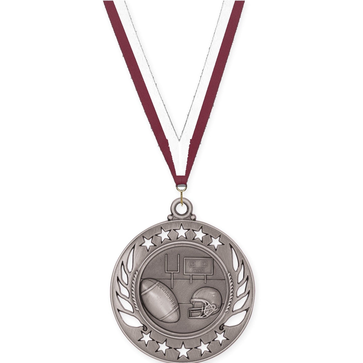 2 1/4 inch football Galaxy medal in bright silver with Maroon White neck ribbon