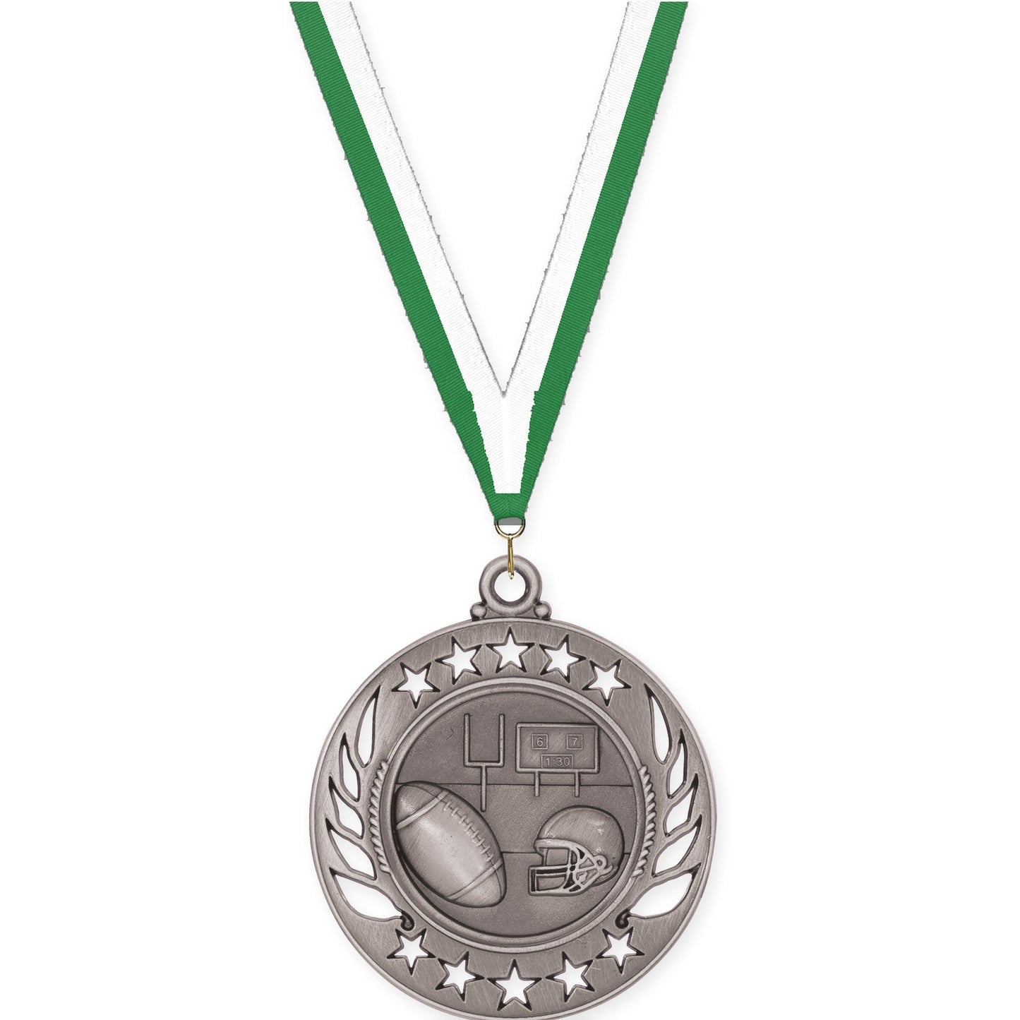 2 1/4 inch football Galaxy medal in bright silver with Green White neck ribbon