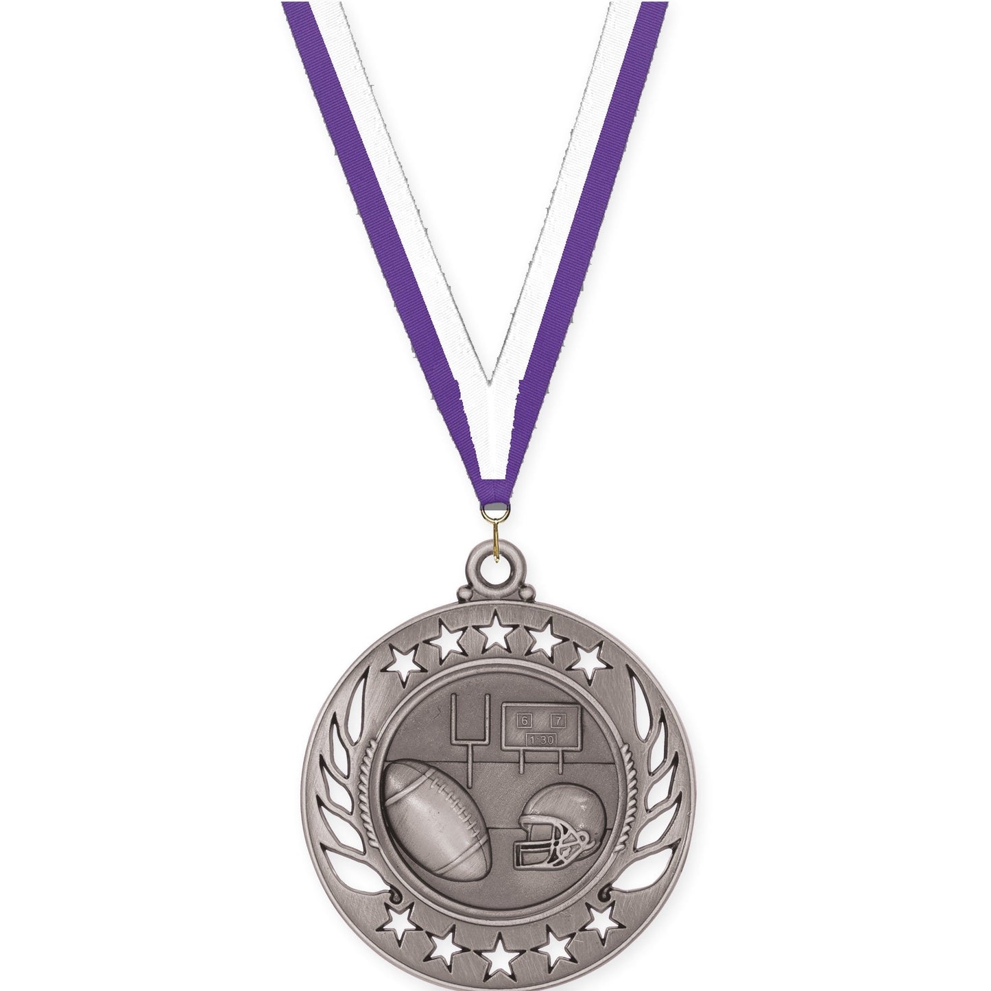 2 1/4 inch football Galaxy medal in bright silver with Purple White neck ribbon