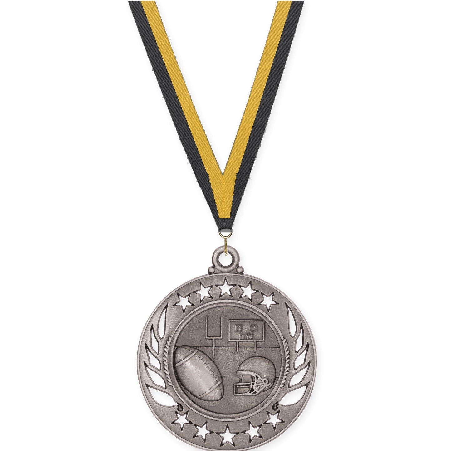 2 1/4 inch football Galaxy medal in bright silver with Black Gold neck ribbon