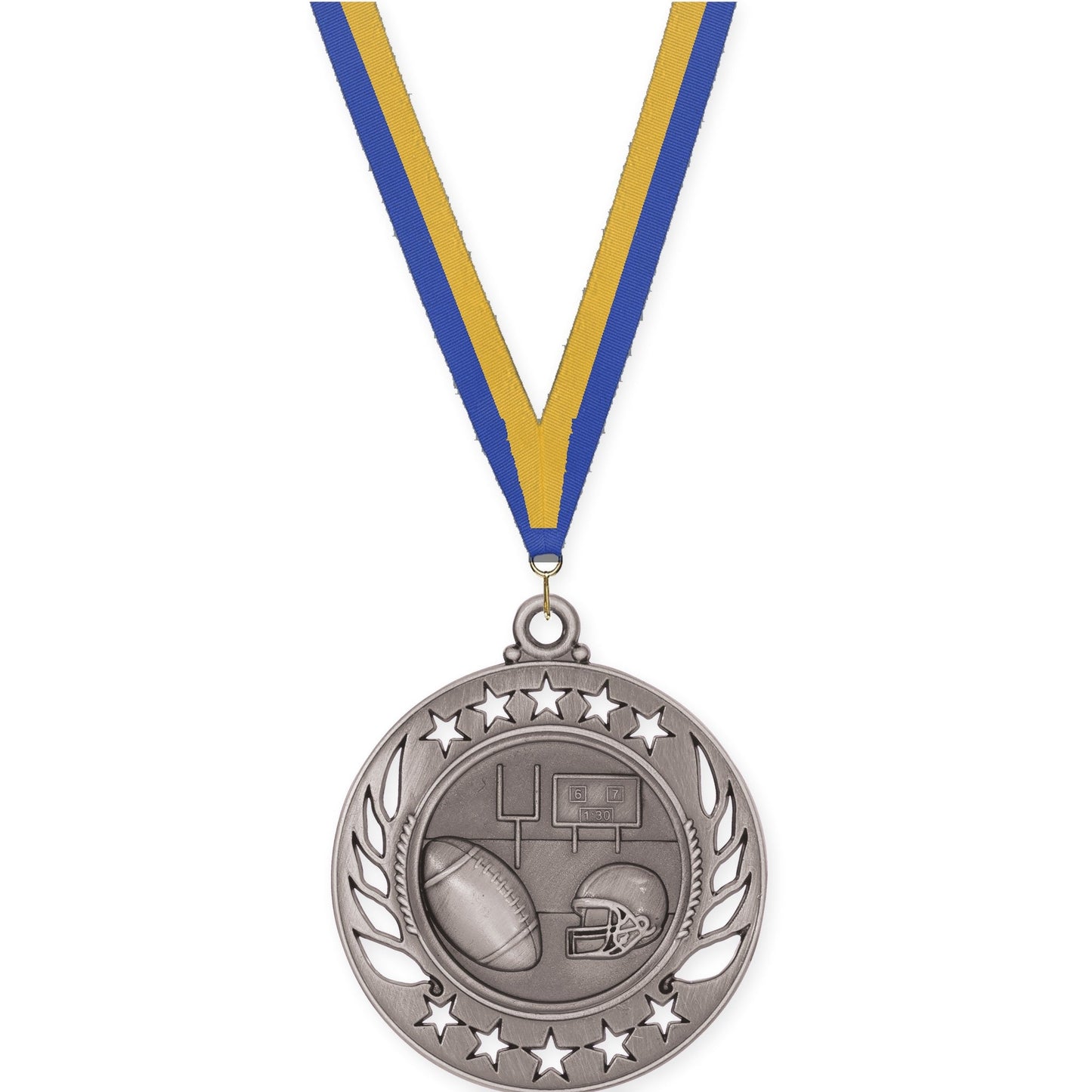 2 1/4 inch football Galaxy medal in bright silver with Blue Gold neck ribbon