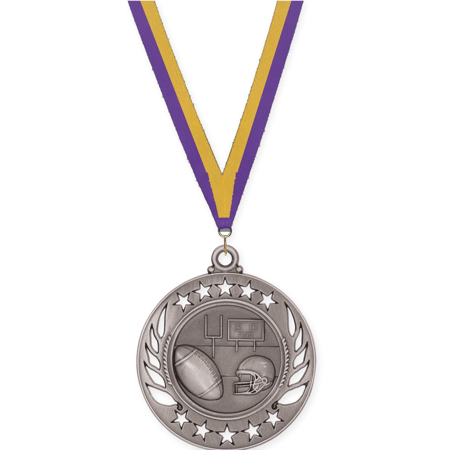 2 1/4 inch football Galaxy medal in bright silver with Purple Gold neck ribbon