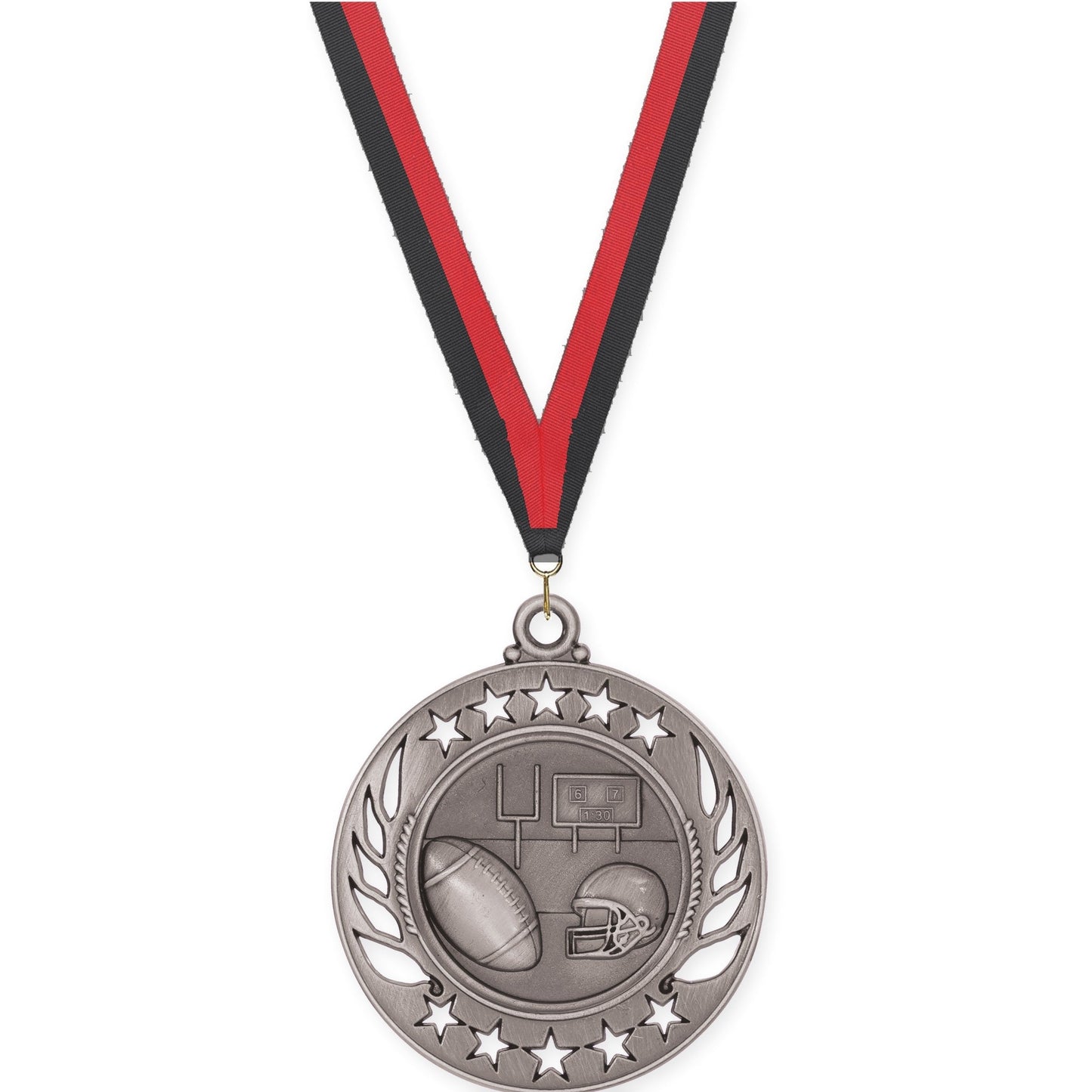 2 1/4 inch football Galaxy medal in bright silver with Black Red neck ribbon
