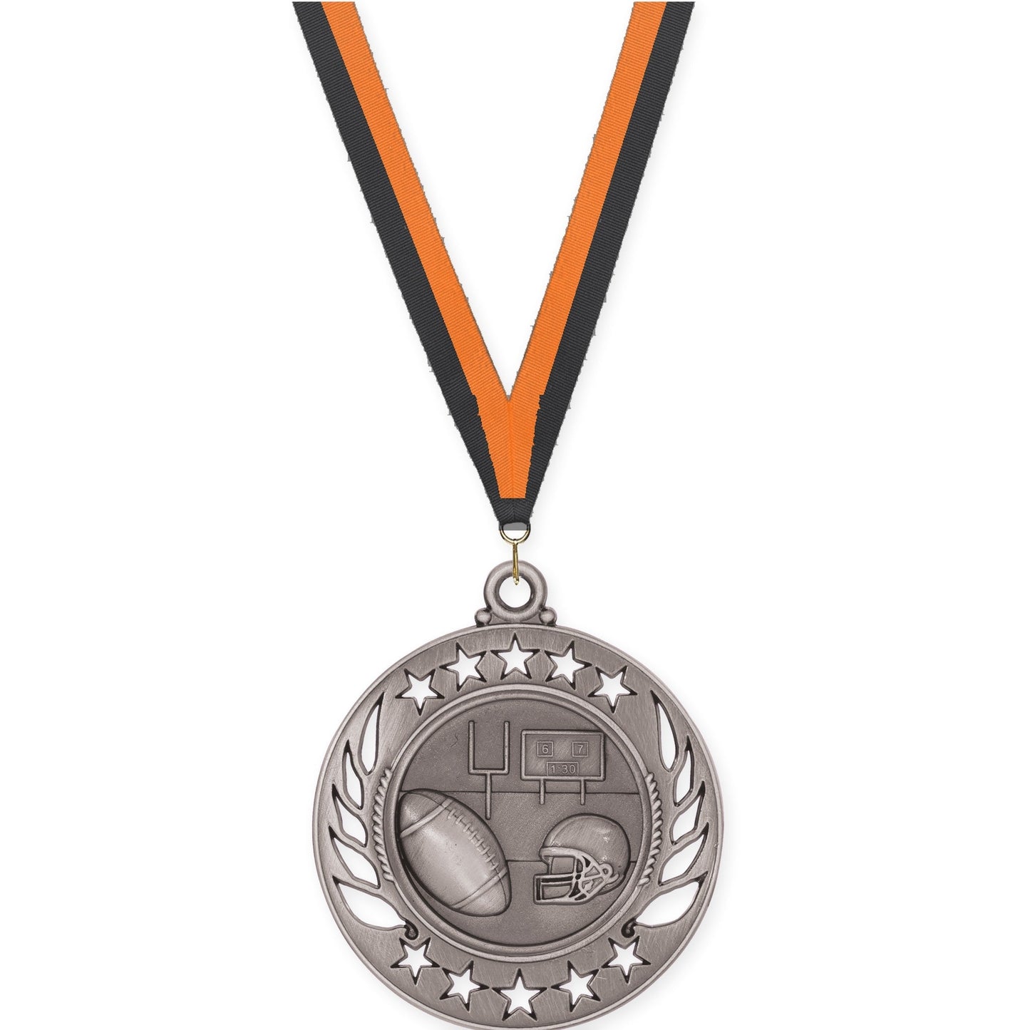 2 1/4 inch football Galaxy medal in bright silver with Black Orange neck ribbon
