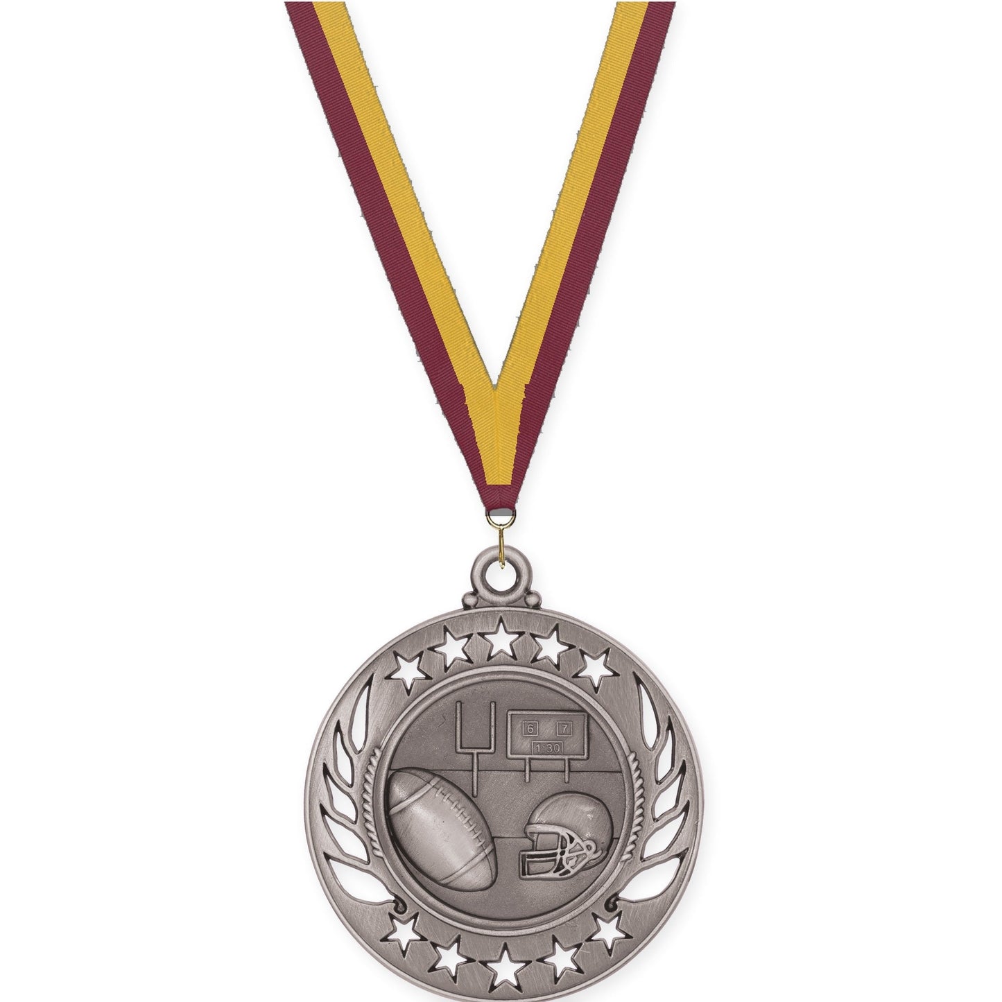 2 1/4 inch football Galaxy medal in bright silver with Maroon Gold neck ribbon
