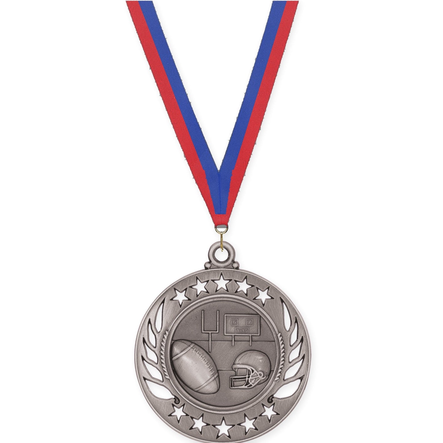2 1/4 inch football Galaxy medal in bright silver with Blue Red neck ribbon