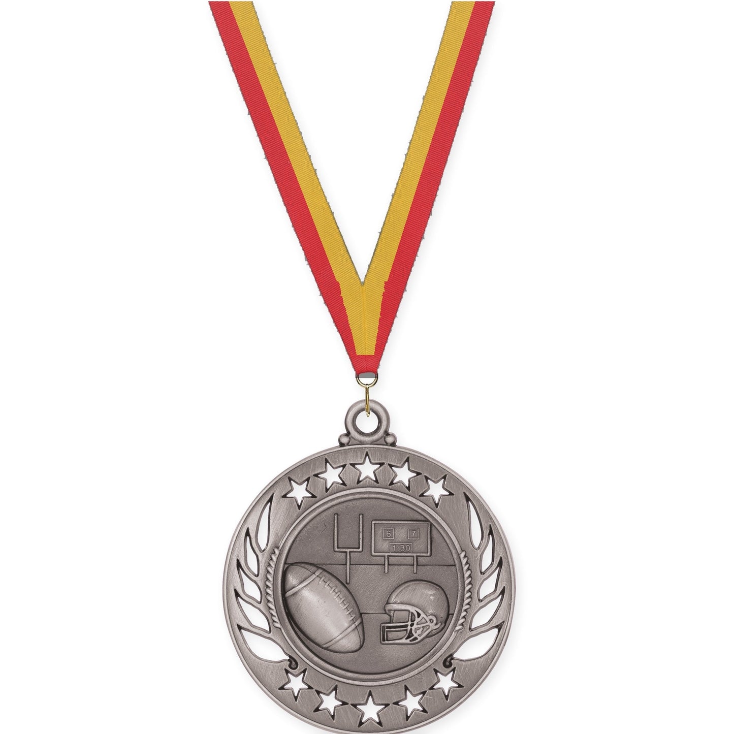 2 1/4 inch football Galaxy medal in bright silver with Red Gold neck ribbon