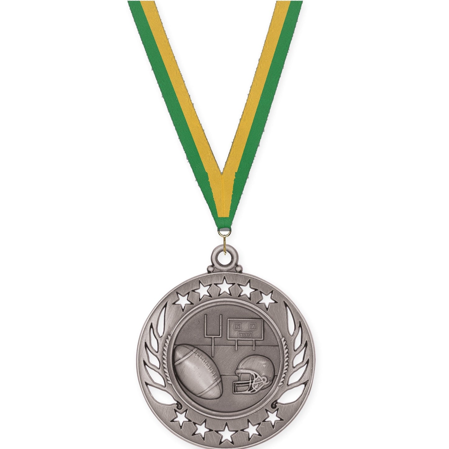 2 1/4 inch football Galaxy medal in bright silver with Green Gold neck ribbon