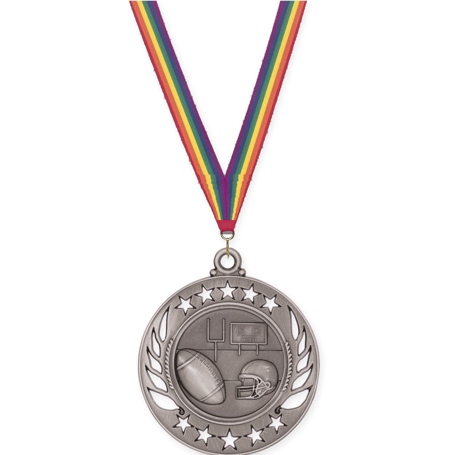2 1/4 inch football Galaxy medal in bright silver with Rainbow neck ribbon